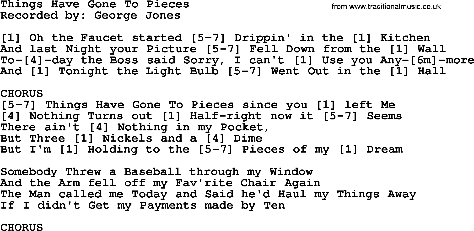 George Jones song: Things Have Gone To Pieces, lyrics and chords
