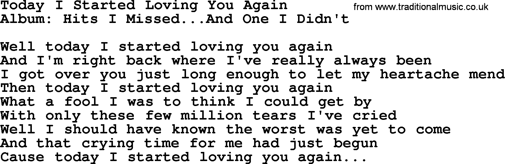 George Jones song: Today I Started Loving You Again, lyrics