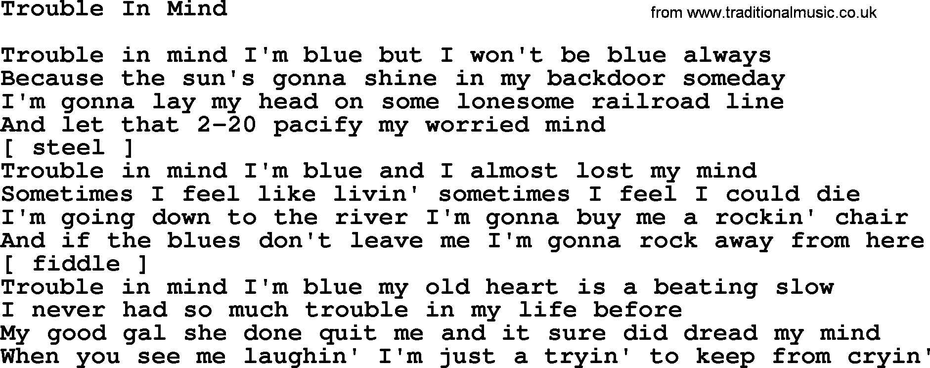 George Jones song: Trouble In Mind, lyrics