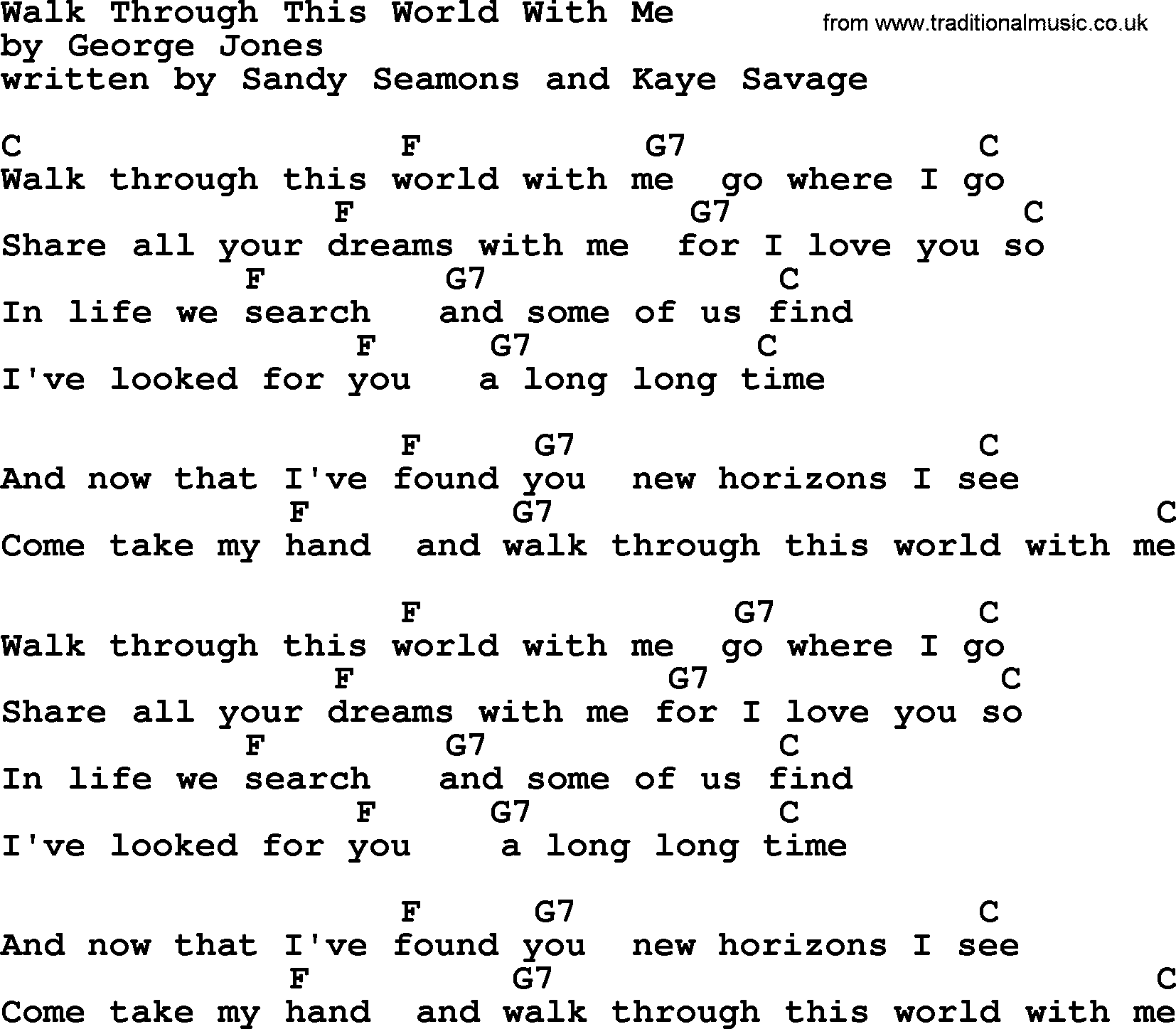 George Jones song: Walk Through This World With Me, lyrics and chords