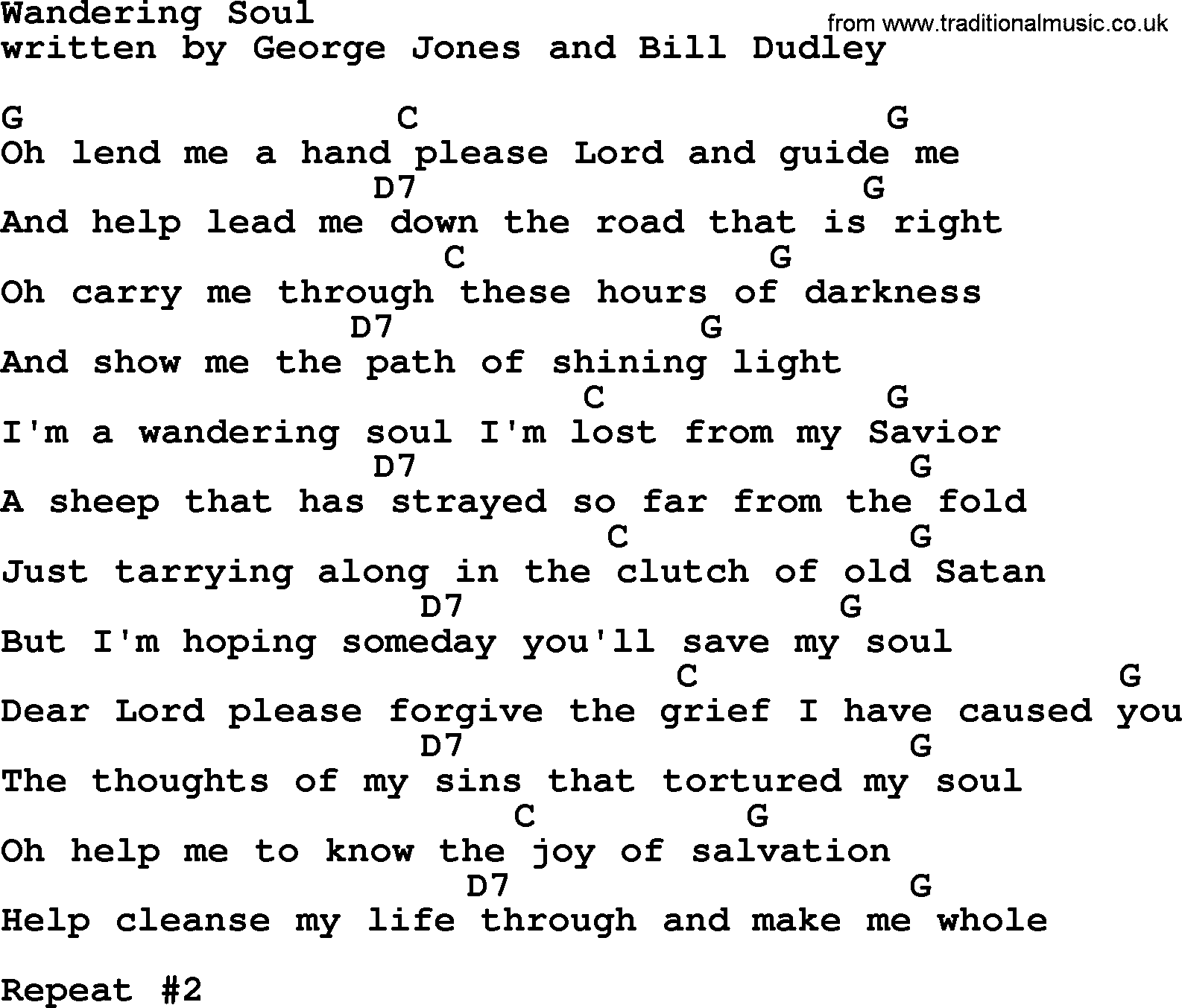 George Jones song: Wandering Soul, lyrics and chords