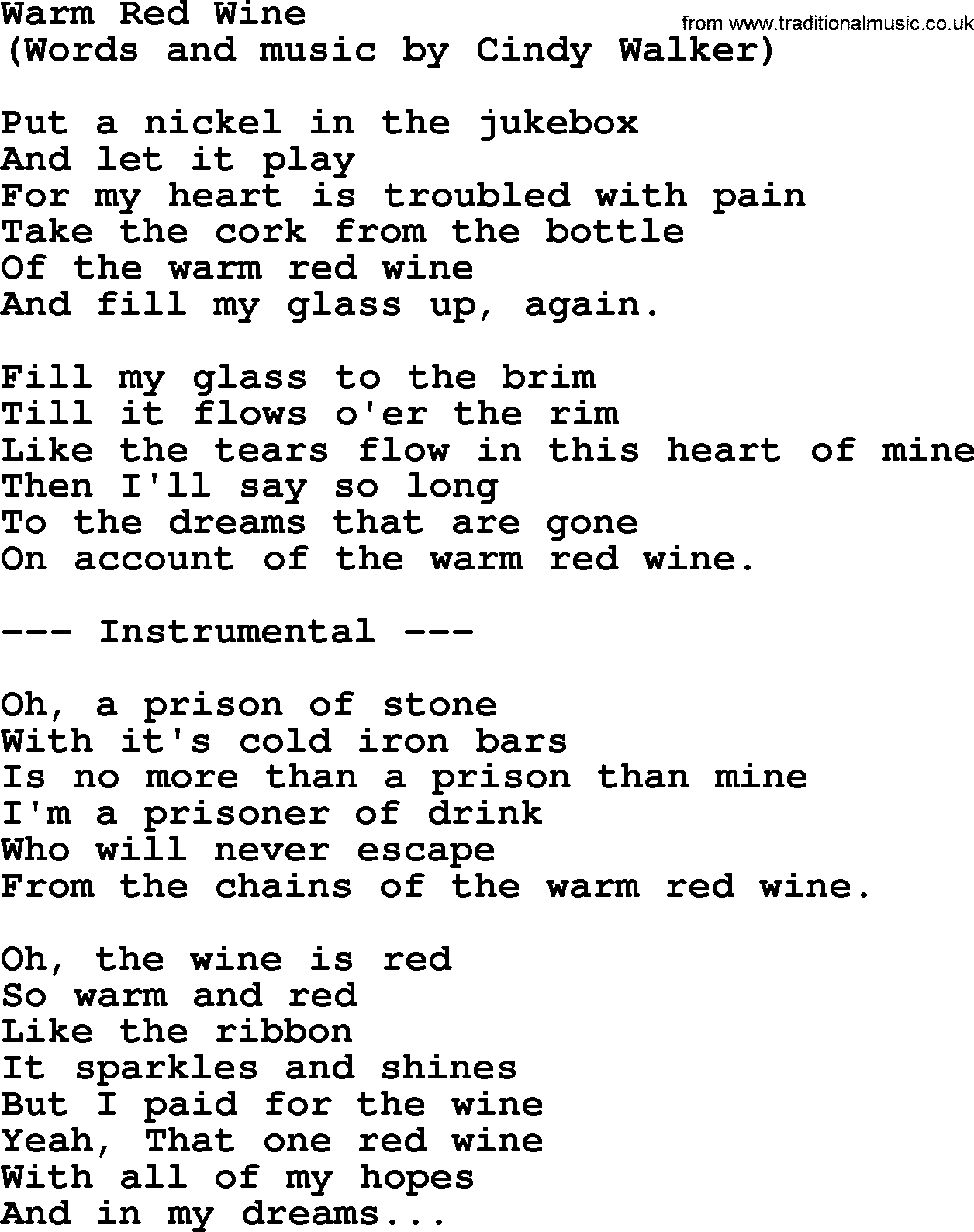 George Jones song: Warm Red Wine, lyrics