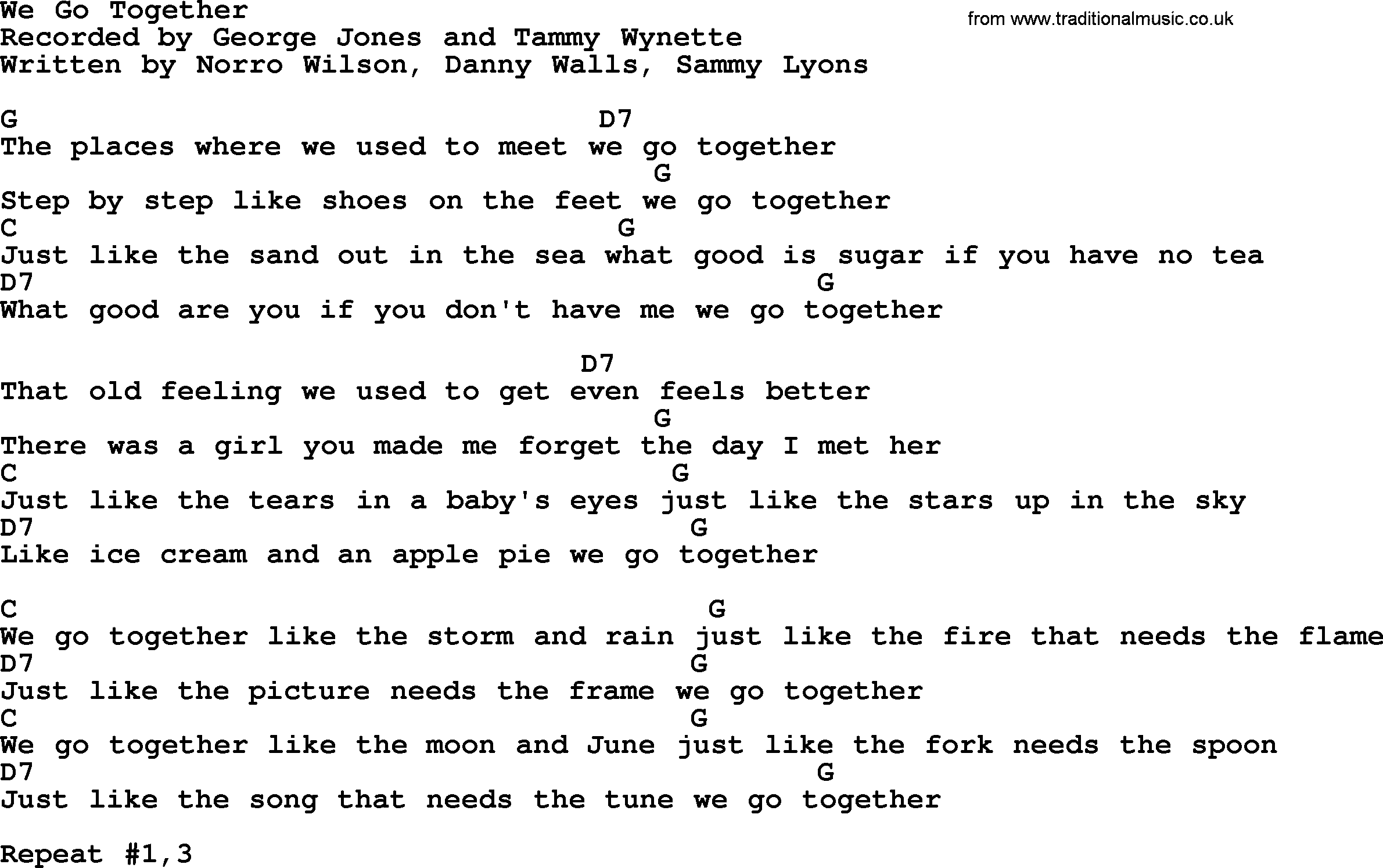 George Jones song: We Go Together, lyrics and chords