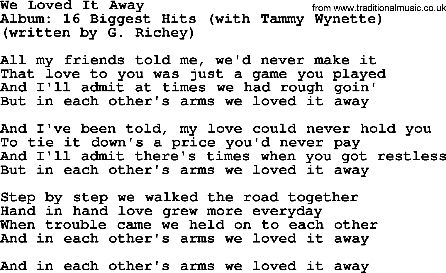 George Jones song: We Loved It Away, lyrics