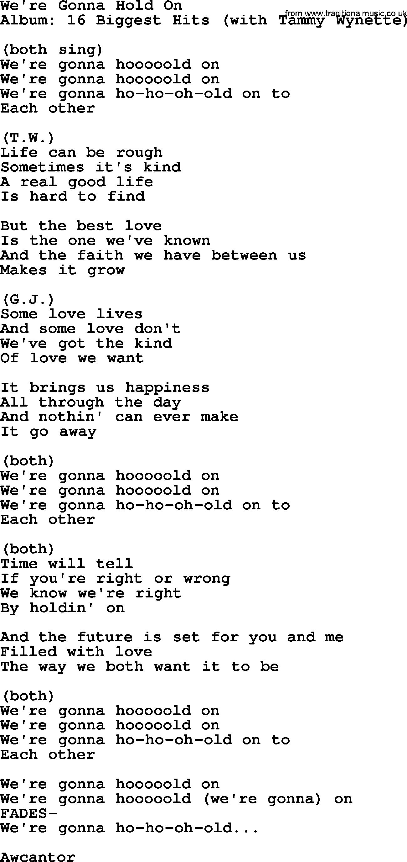 George Jones song: We're Gonna Hold On, lyrics