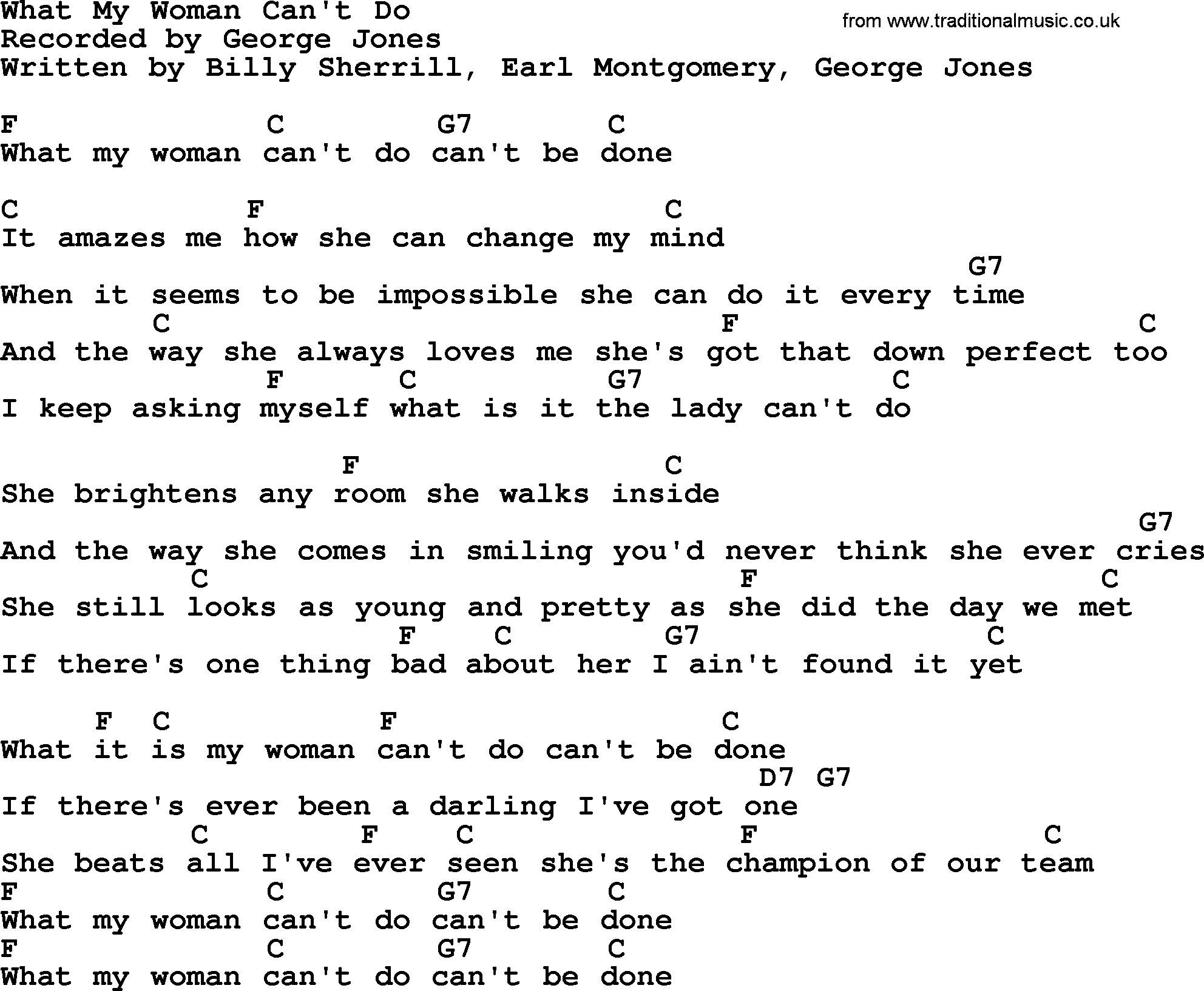 George Jones song: What My Woman Can't Do, lyrics and chords