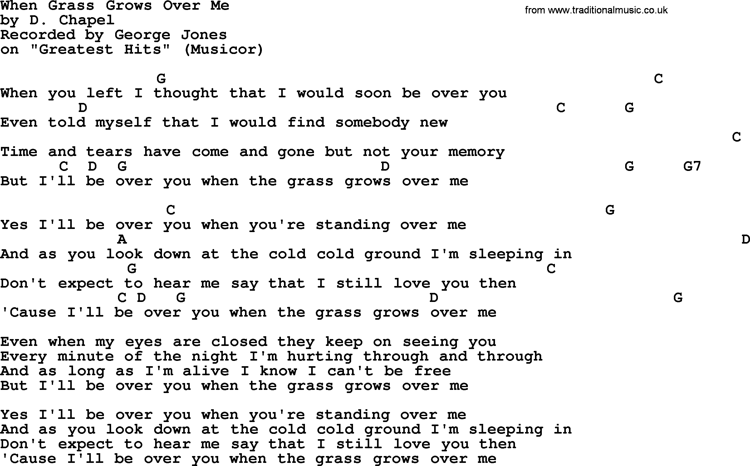 George Jones song: When Grass Grows Over Me, lyrics and chords
