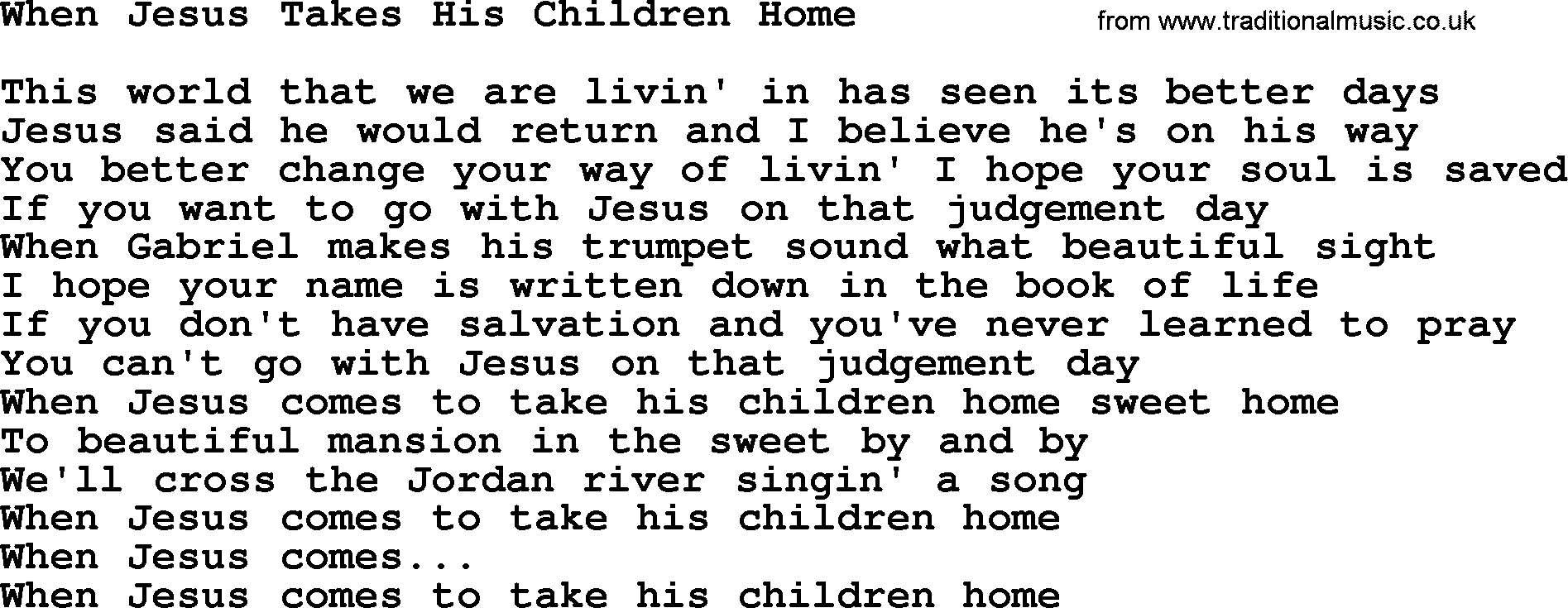 George Jones song: When Jesus Takes His Children Home, lyrics