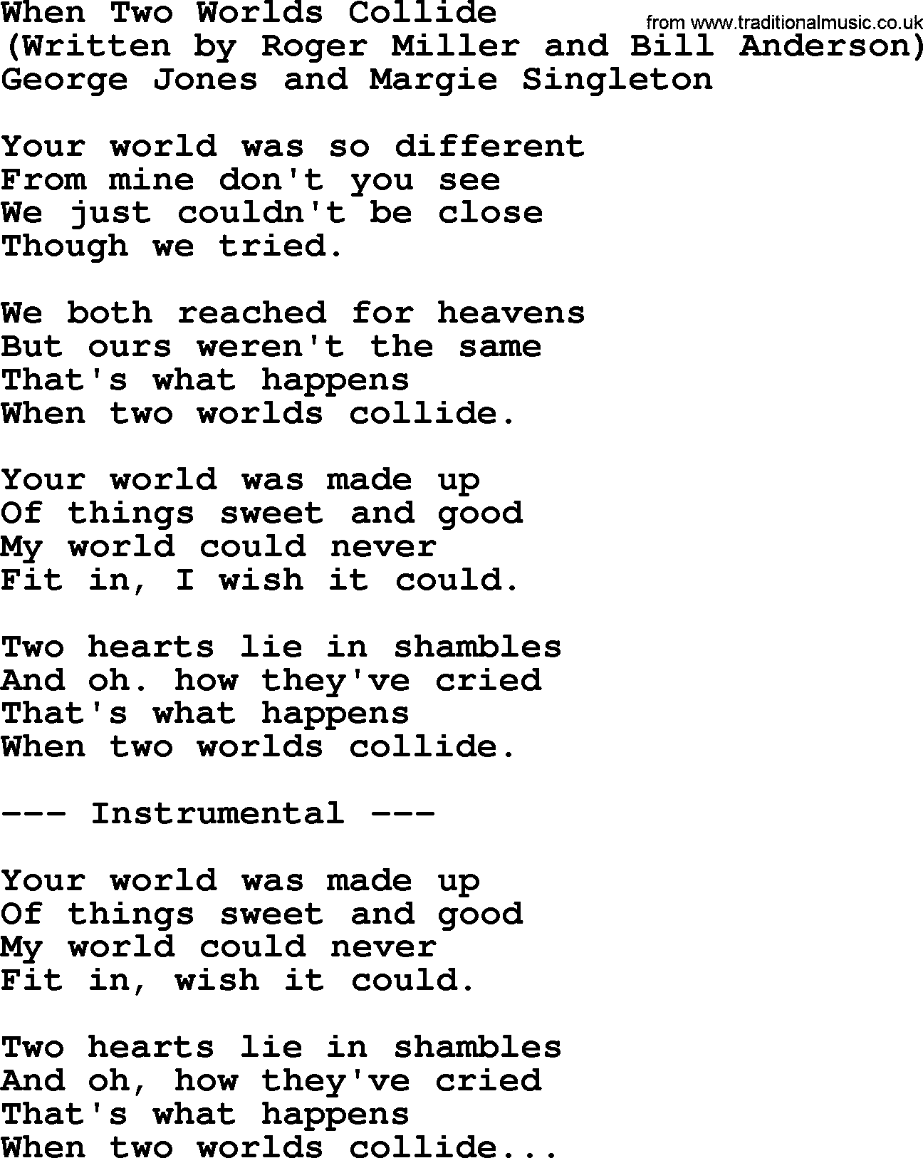 George Jones song: When Two Worlds Collide, lyrics