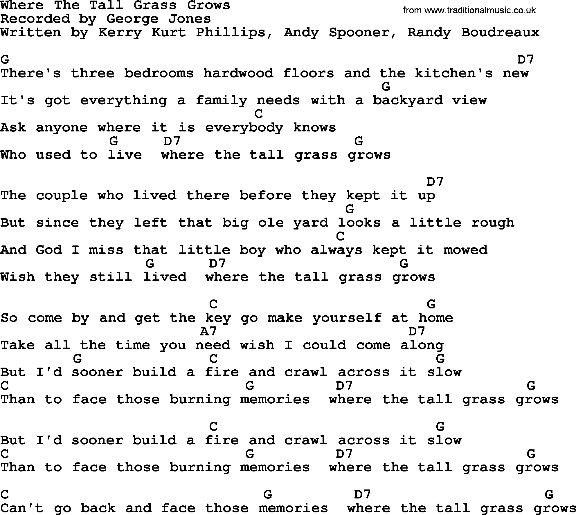 George Jones song: Where The Tall Grass Grows, lyrics and chords