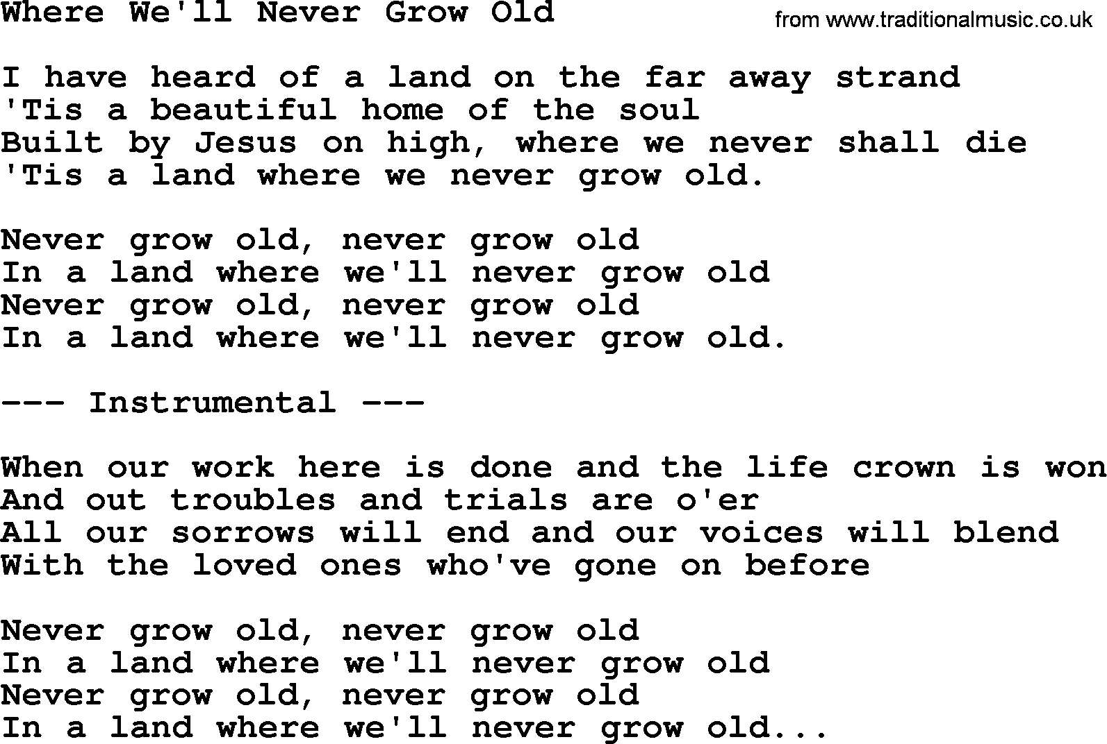 George Jones song: Where We'll Never Grow Old, lyrics