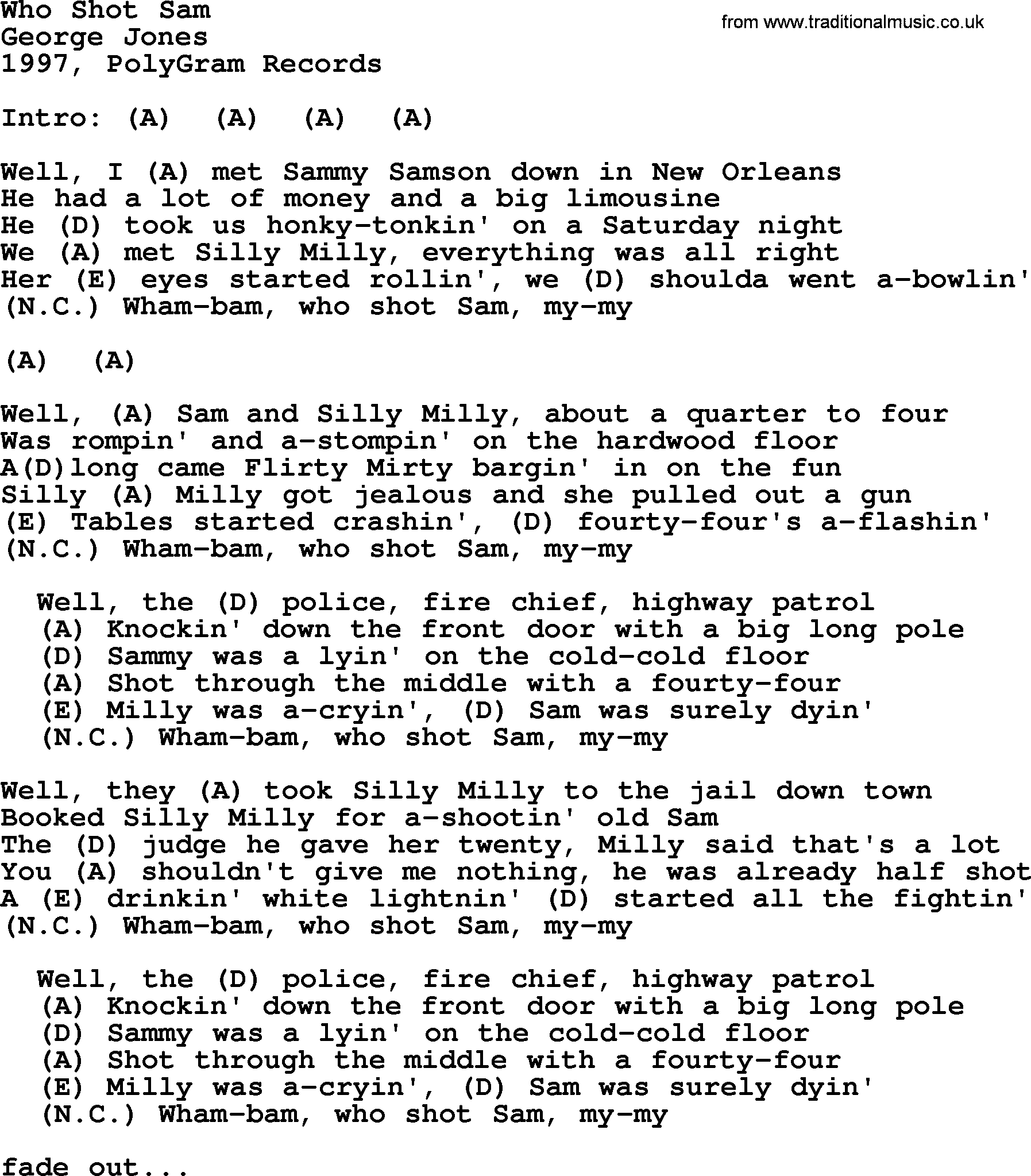George Jones song: Who Shot Sam, lyrics and chords