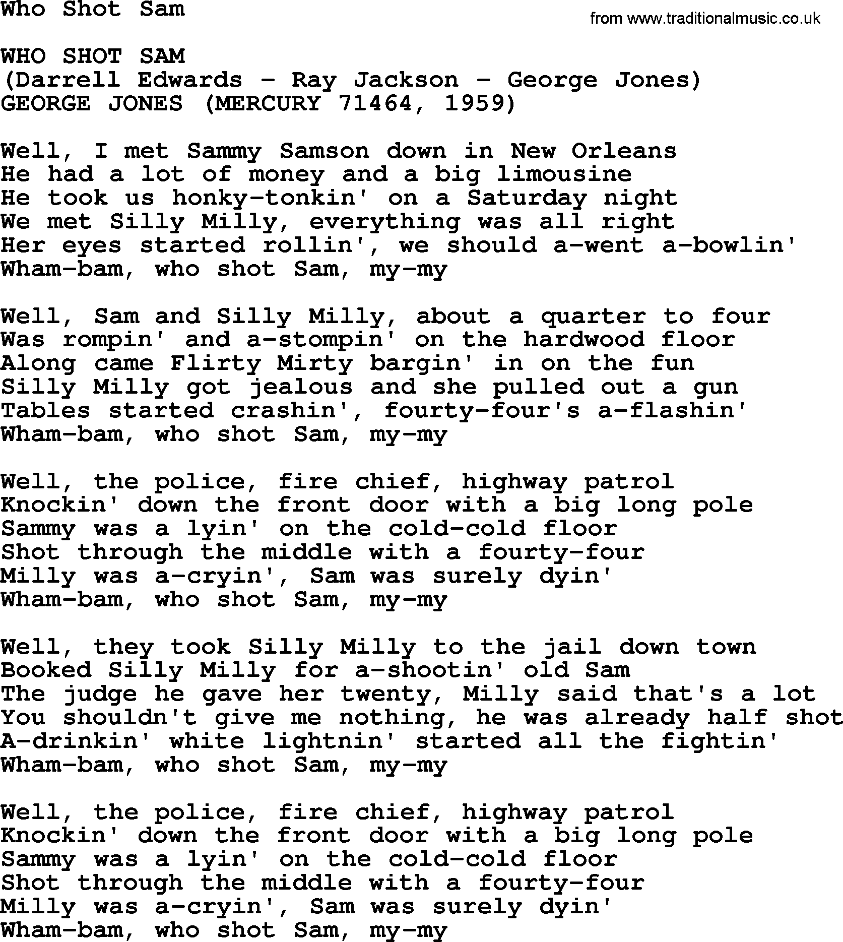 George Jones song: Who Shot Sam, lyrics