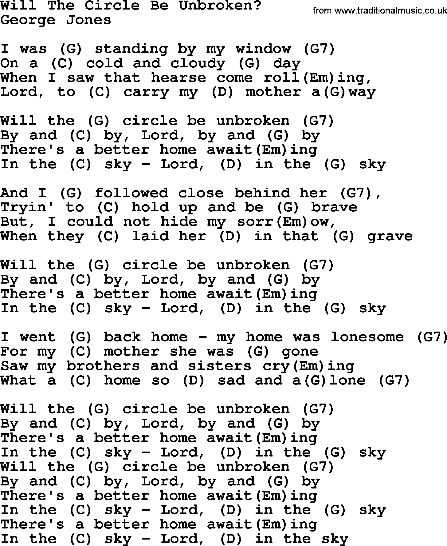 George Jones song: Will The Circle Be Unbroken_, lyrics and chords