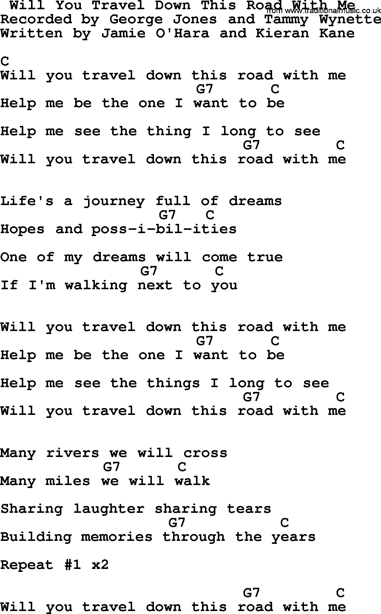 George Jones song: Will You Travel Down This Road With Me, lyrics and chords