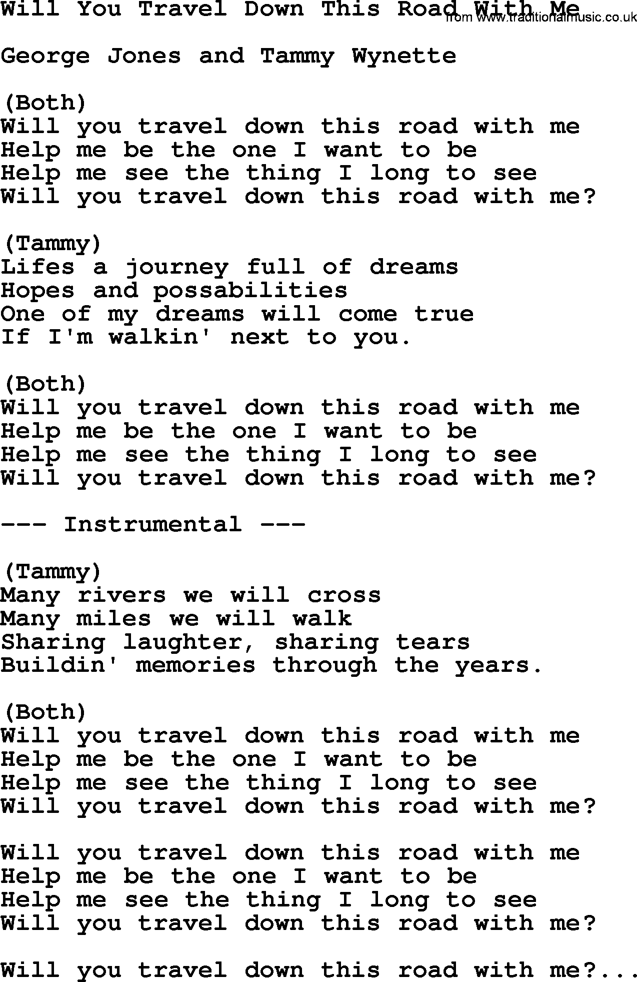 George Jones song: Will You Travel Down This Road With Me, lyrics