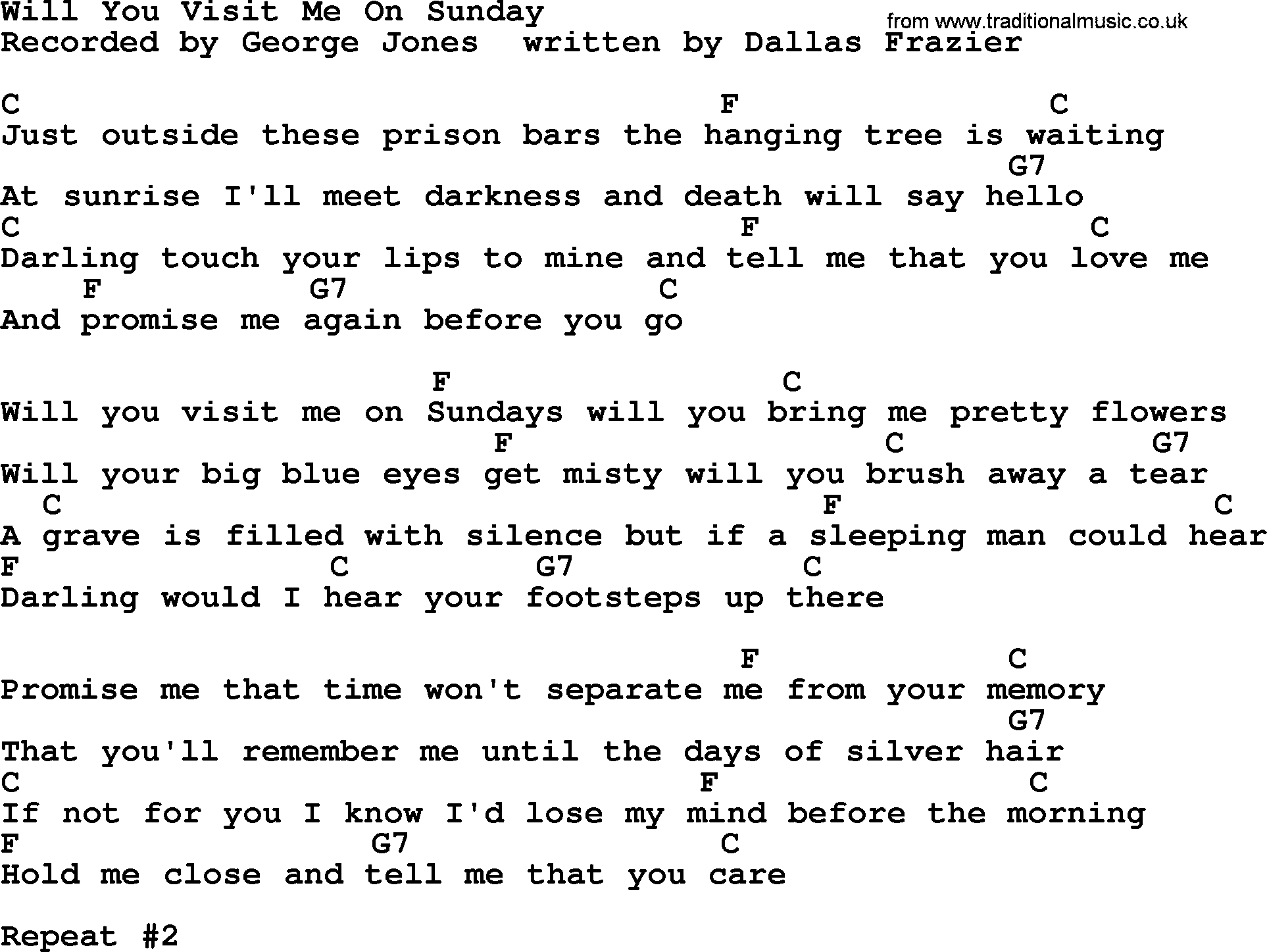 George Jones song: Will You Visit Me On Sunday, lyrics and chords