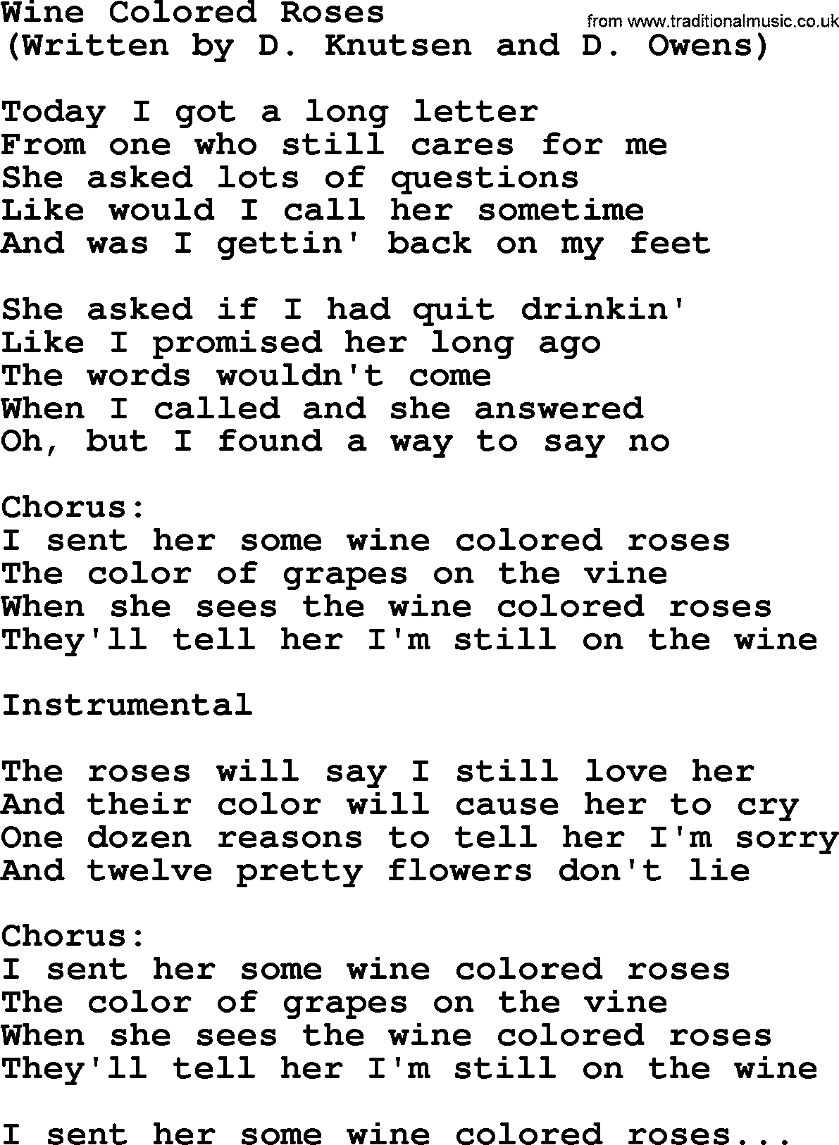 George Jones song: Wine Colored Roses, lyrics