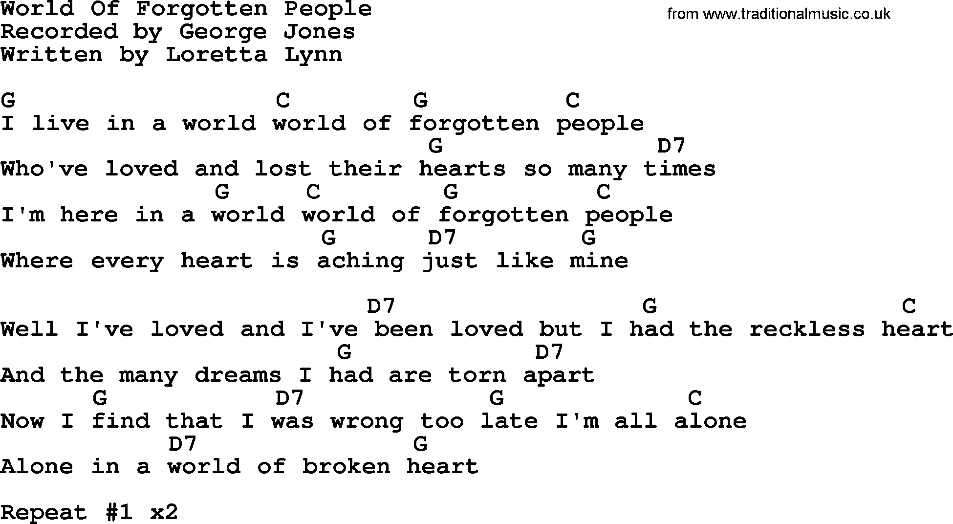George Jones song: World Of Forgotten People, lyrics and chords