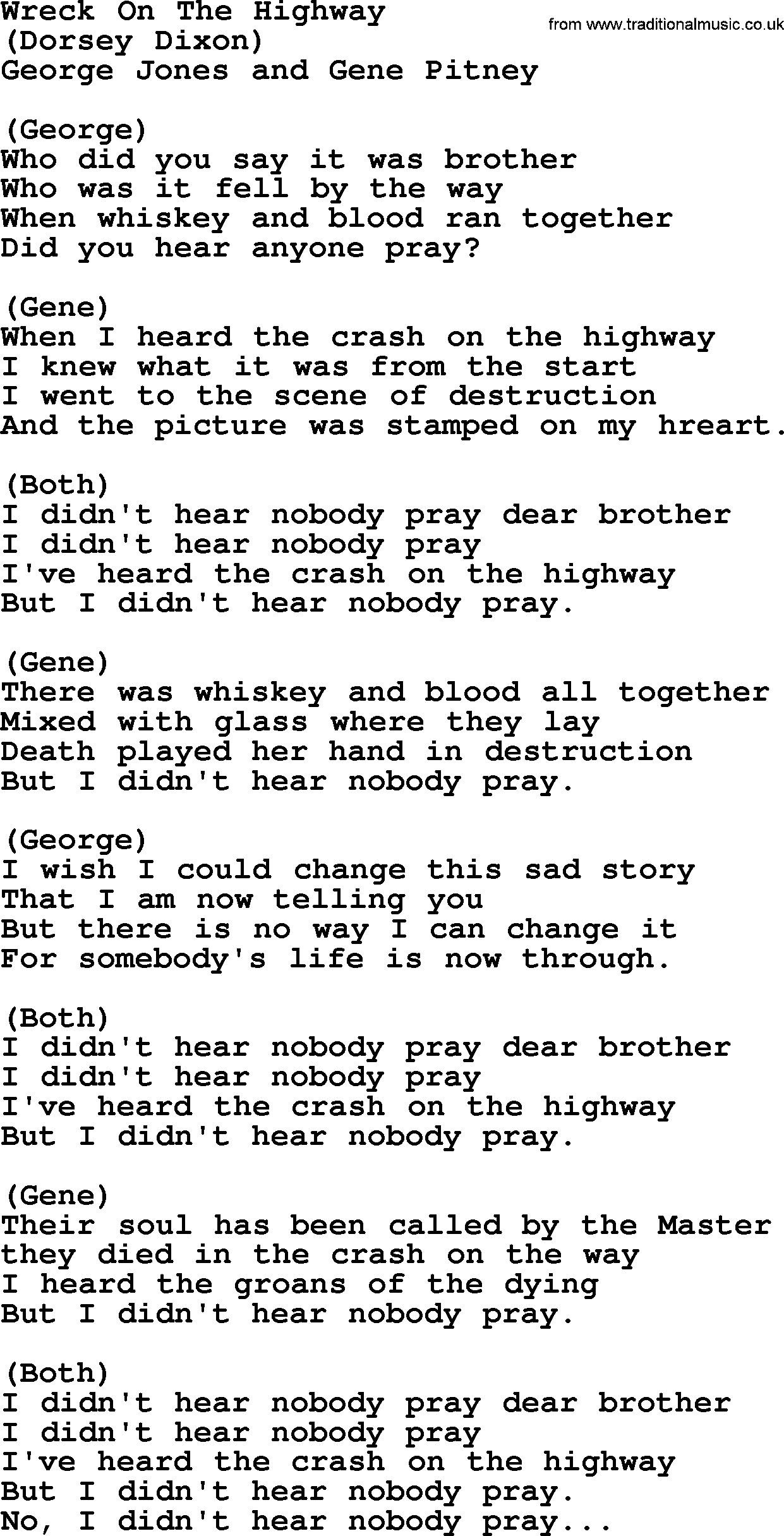 George Jones song: Wreck On The Highway, lyrics