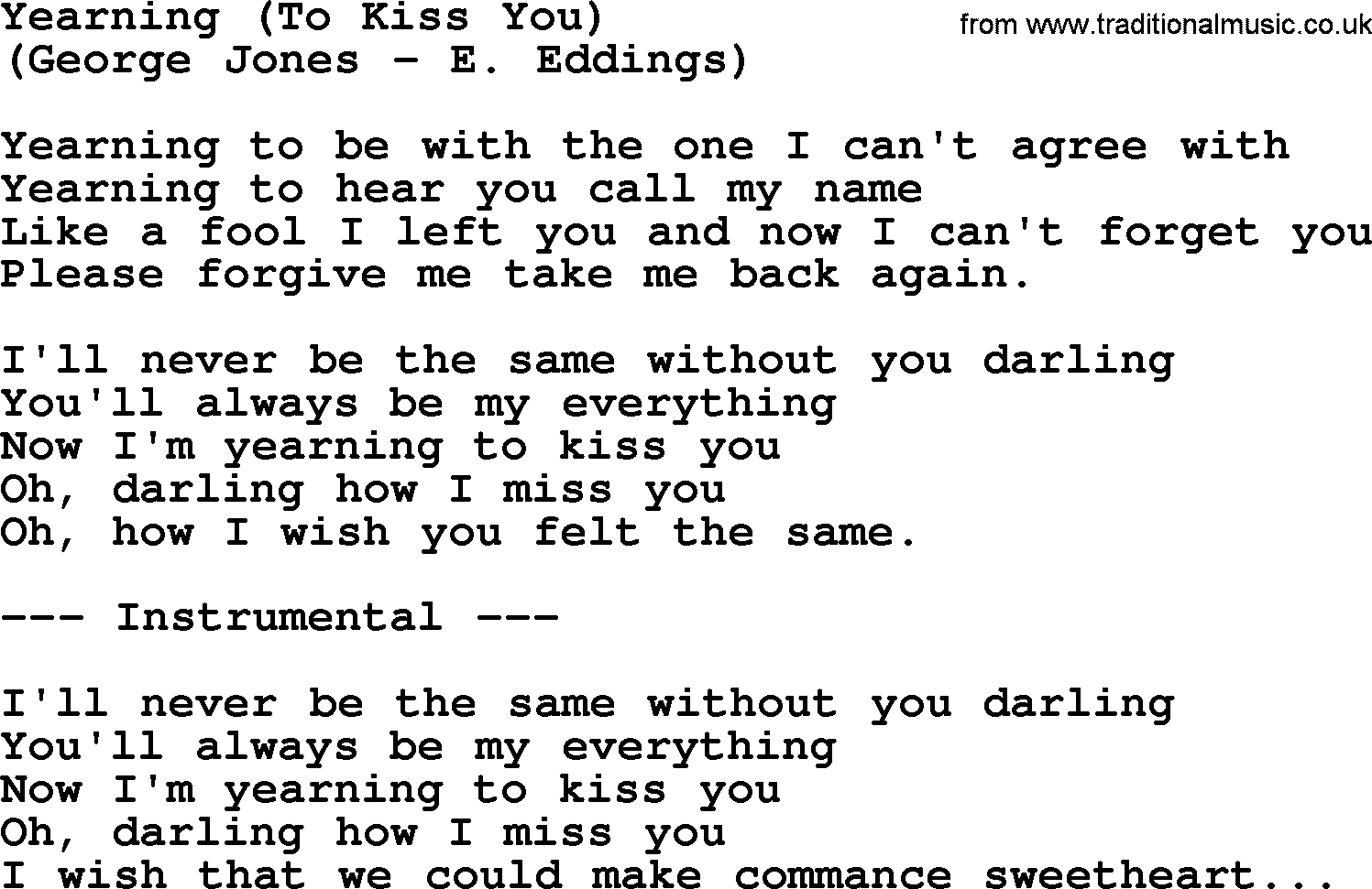 George Jones song: Yearning (to Kiss You), lyrics