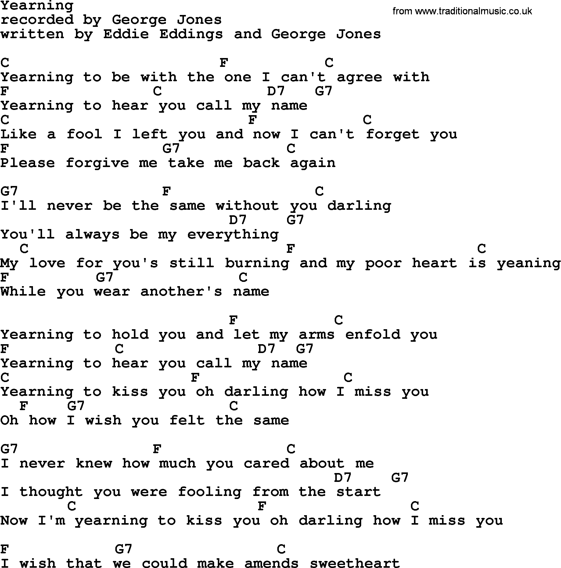 George Jones song: Yearning, lyrics and chords