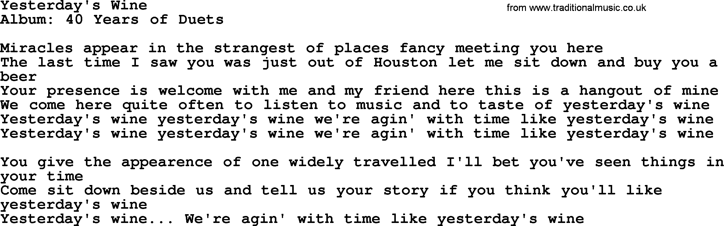 George Jones song: Yesterday's Wine, lyrics