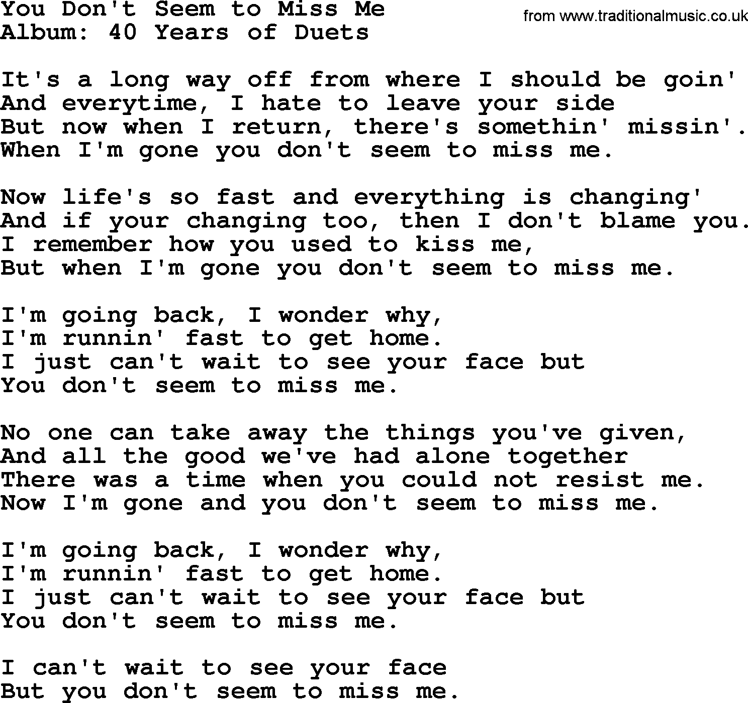 George Jones song: You Don't Seem To Miss Me, lyrics