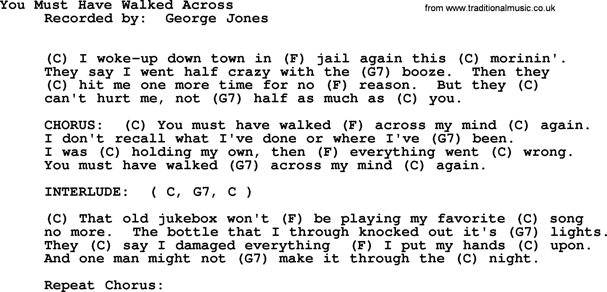 George Jones song: You Must Have Walked Across, lyrics and chords