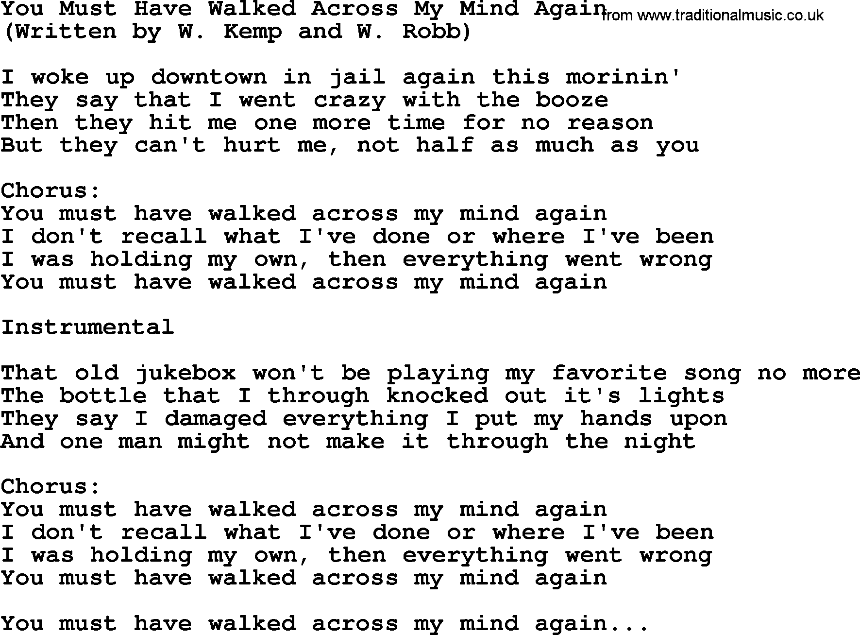 George Jones song: You Must Have Walked Across My Mind Again, lyrics