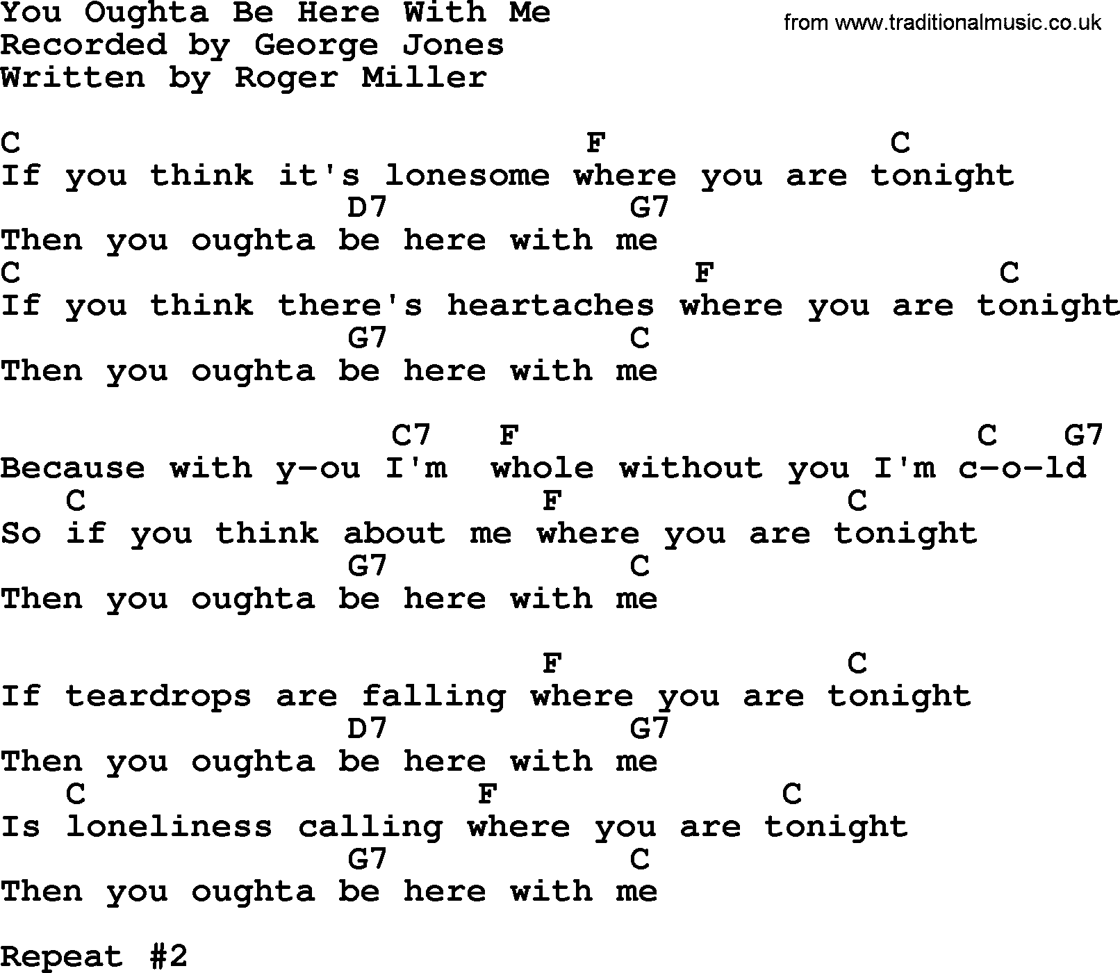 George Jones song: You Oughta Be Here With Me, lyrics and chords