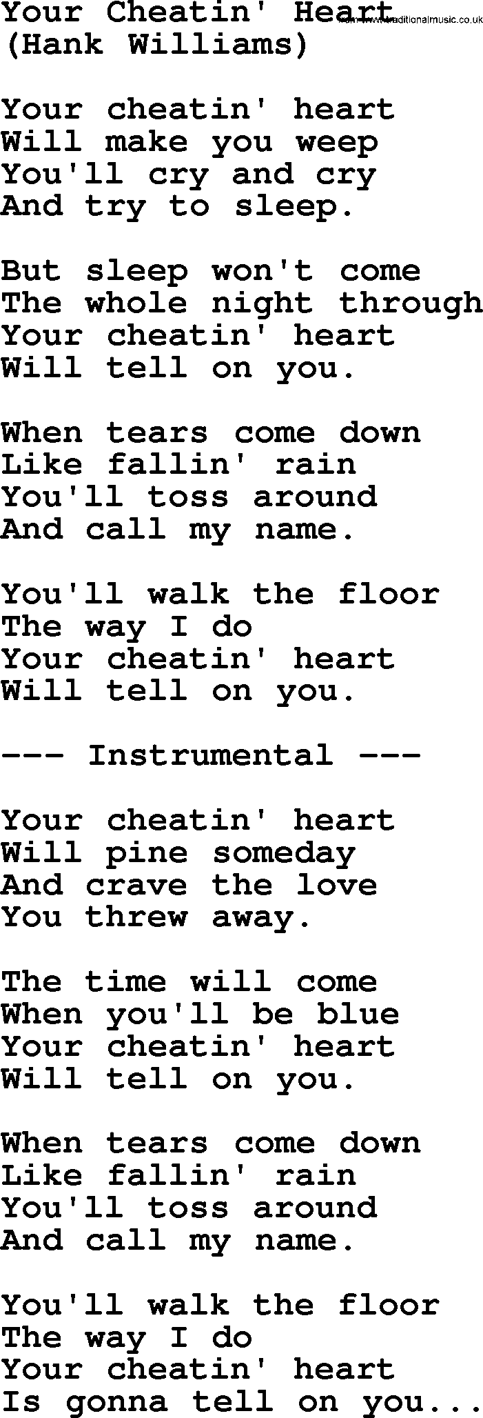 George Jones song: Your Cheatin' Heart, lyrics