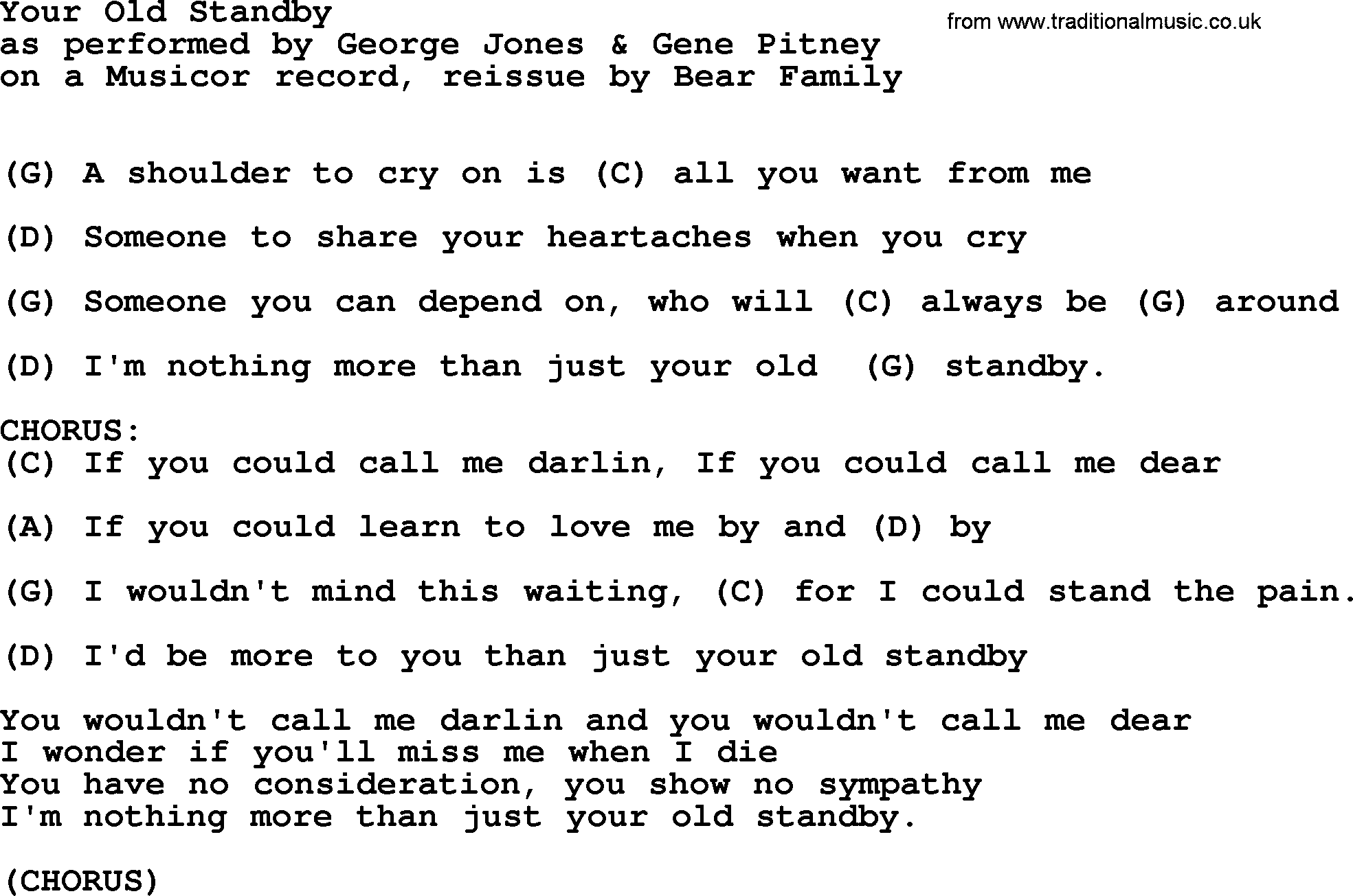 George Jones song: Your Old Standby, lyrics and chords