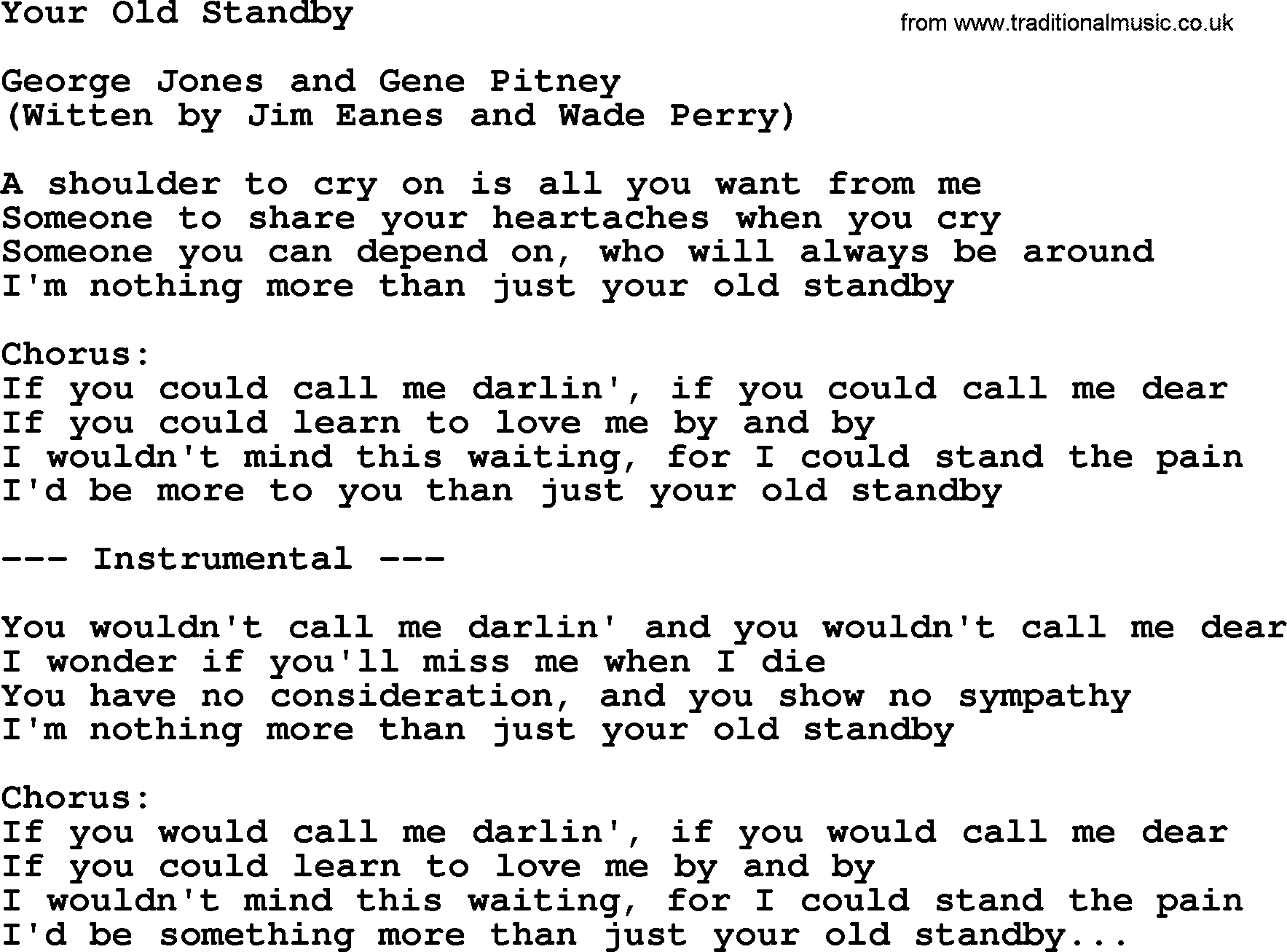 George Jones song: Your Old Standby, lyrics