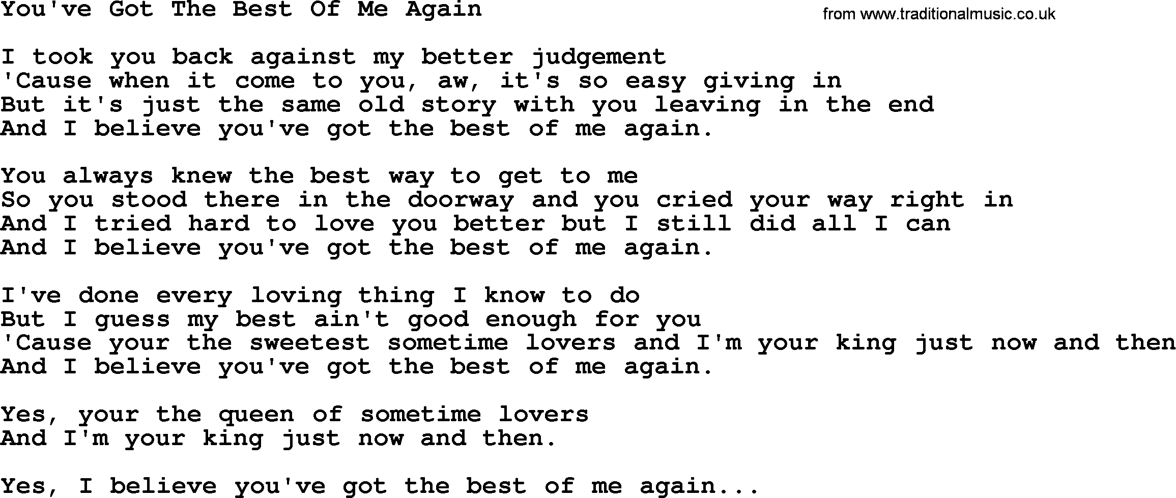 George Jones song: You've Got The Best Of Me Again, lyrics