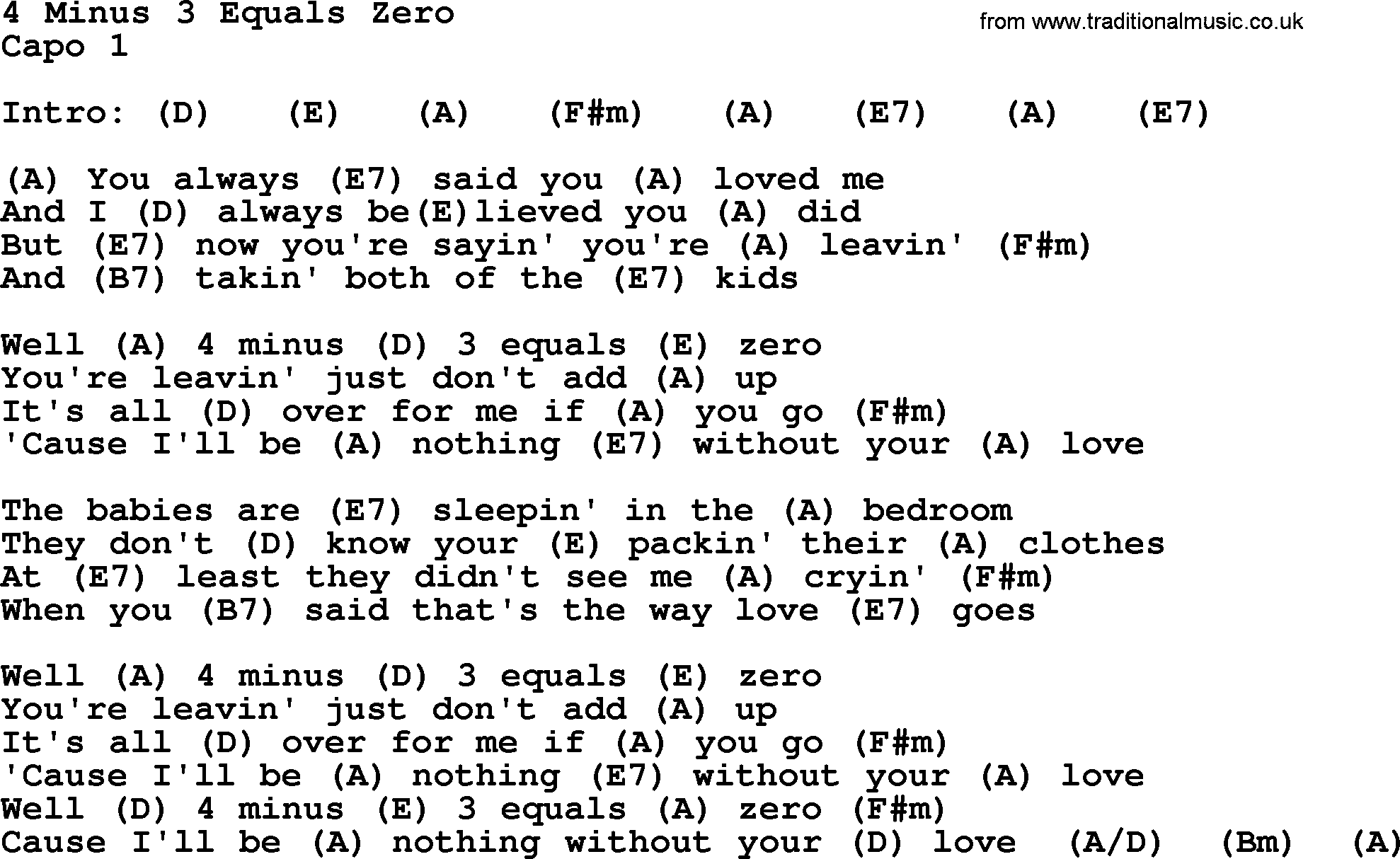 George Strait song: 4 Minus 3 Equals Zero, lyrics and chords