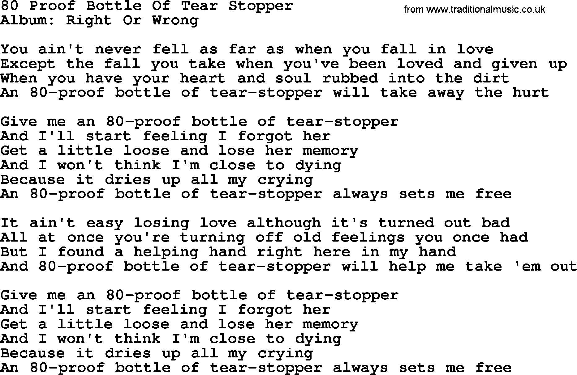 George Strait song: 80 Proof Bottle Of Tear Stopper, lyrics