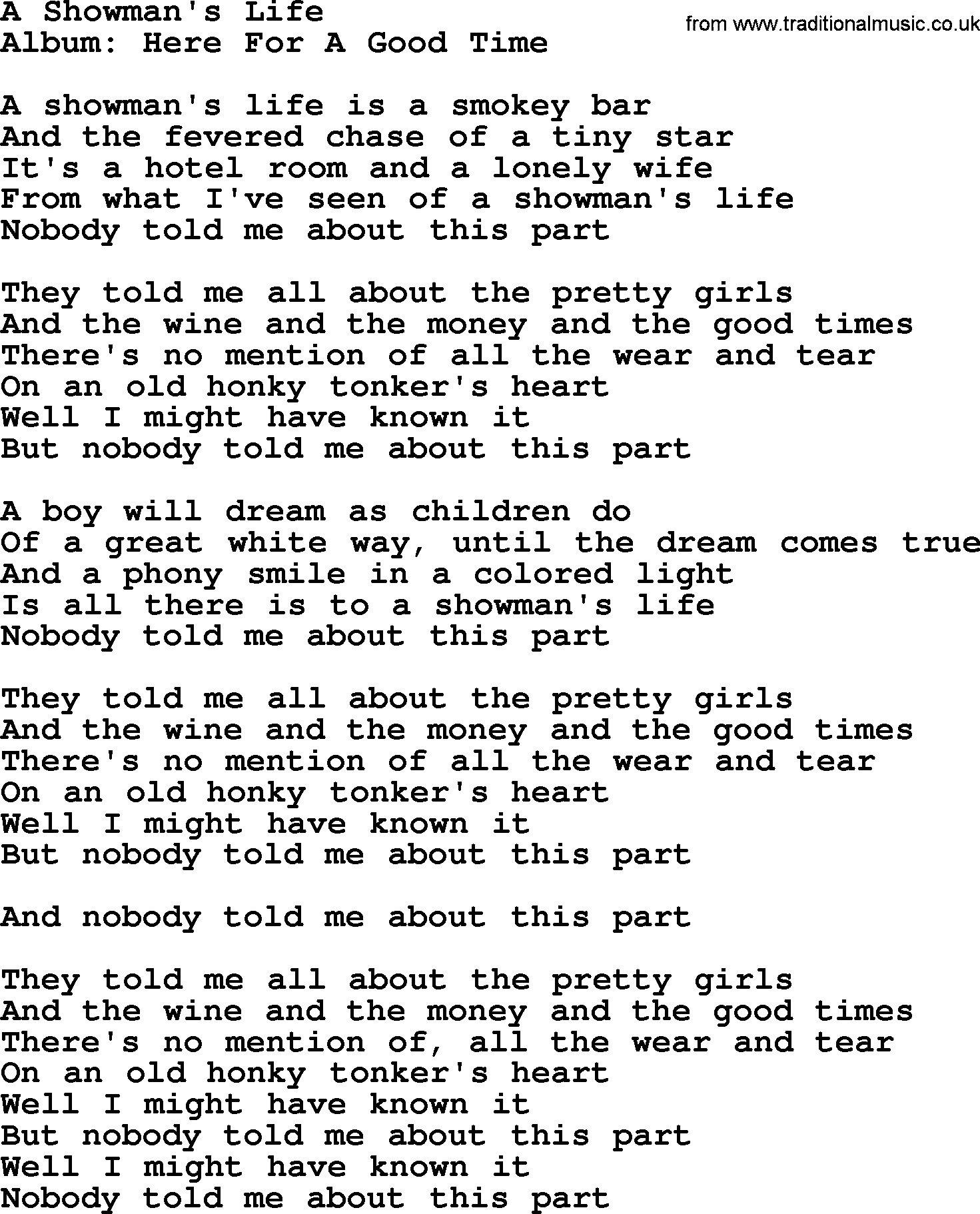 George Strait song: A Showman's Life, lyrics
