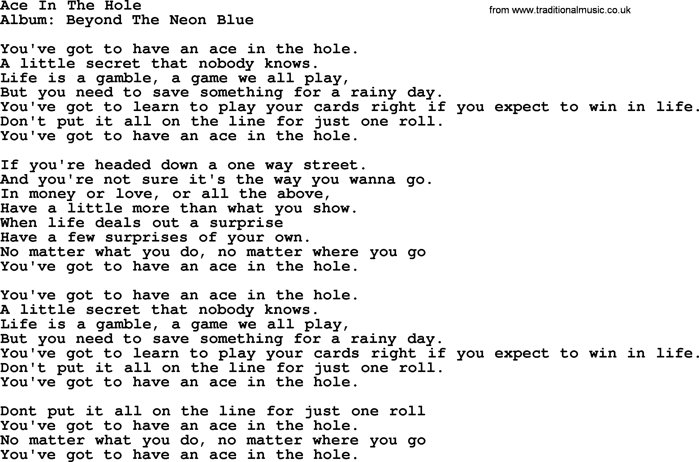 George Strait song: Ace In The Hole, lyrics