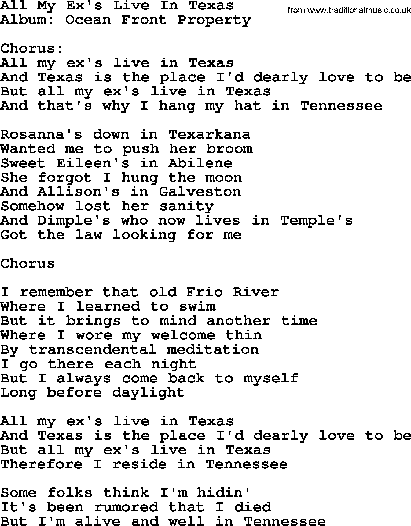 George Strait song: All My Ex's Live In Texas, lyrics