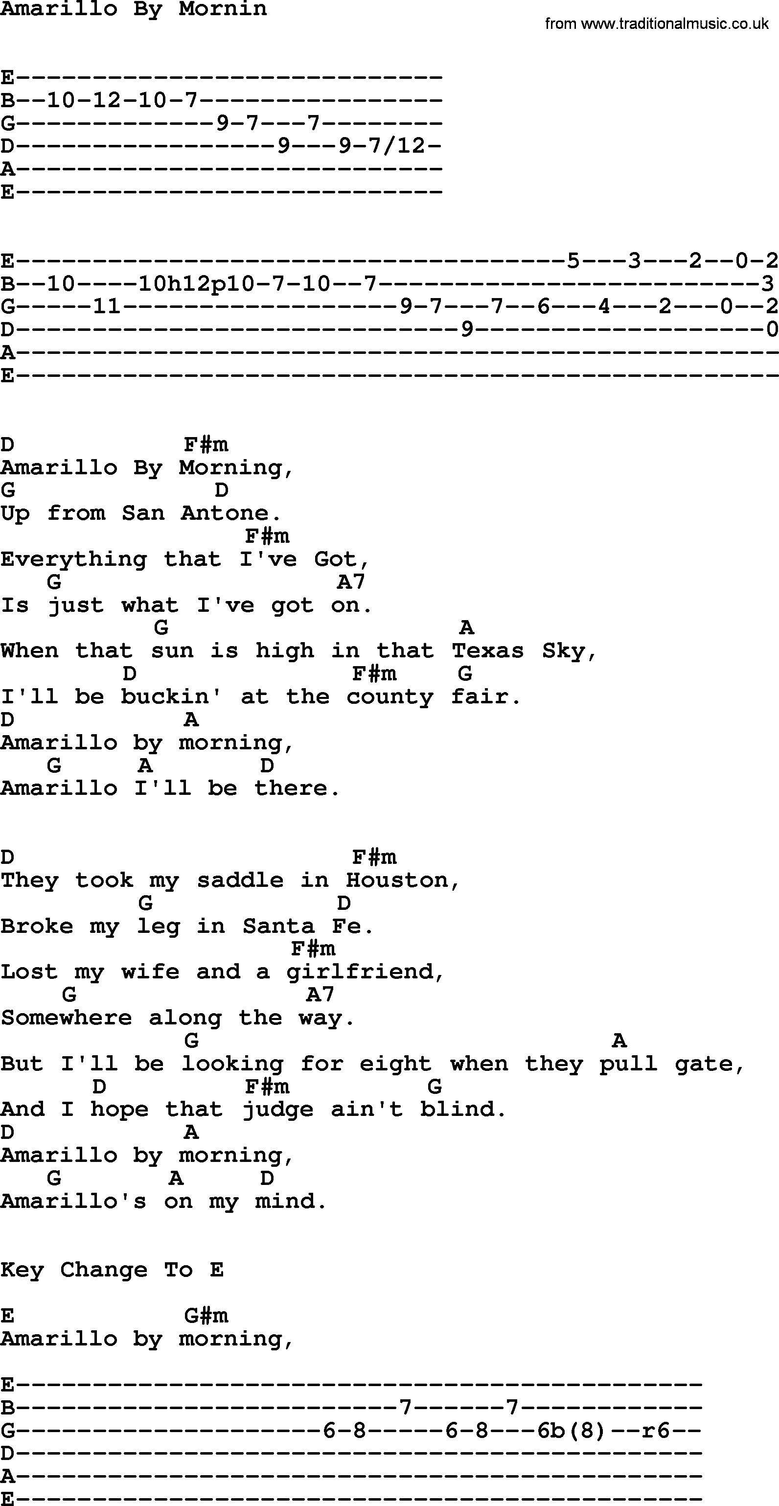 George Strait song: Amarillo By Mornin, lyrics and chords
