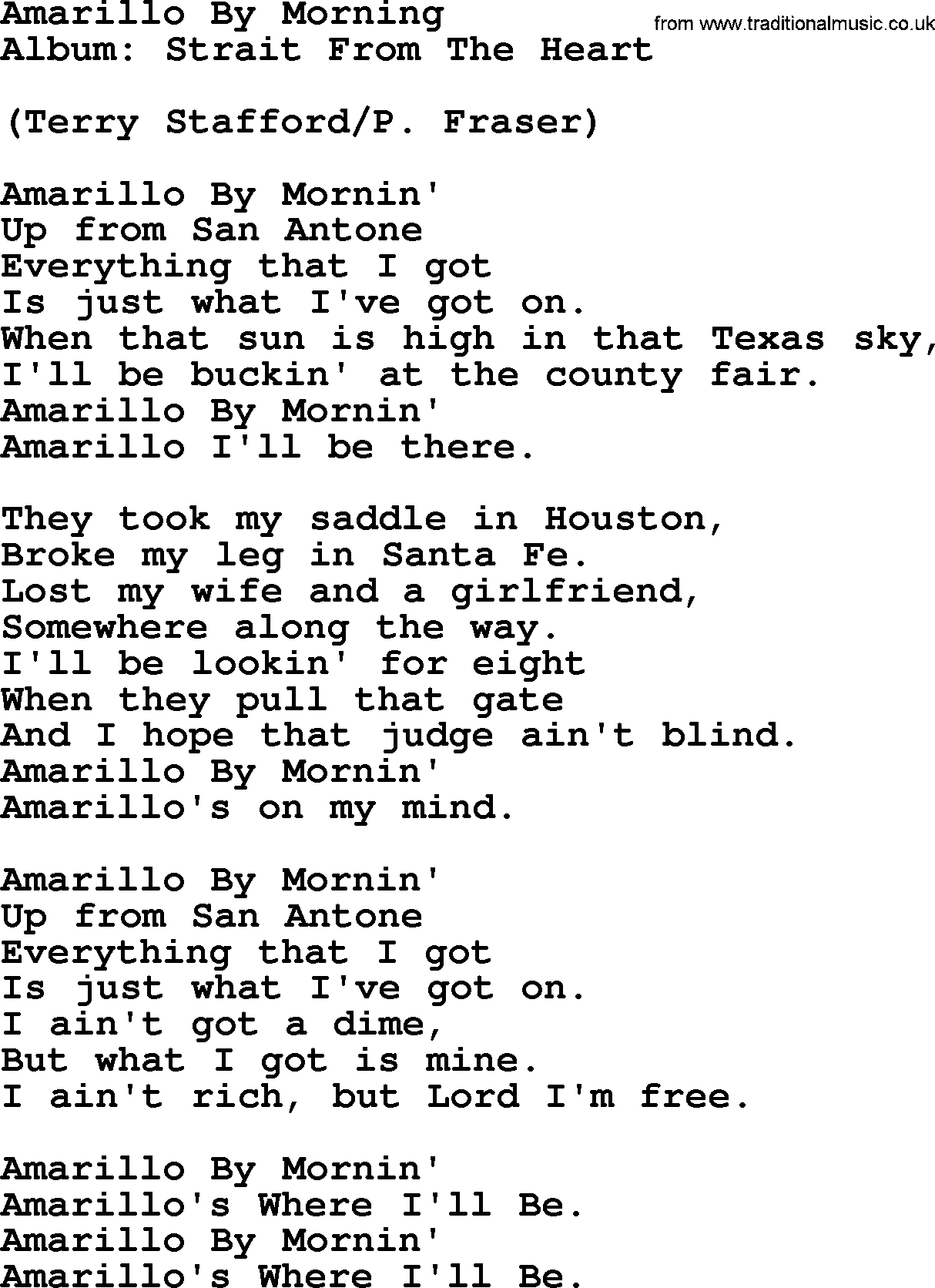 George Strait song: Amarillo By Morning, lyrics