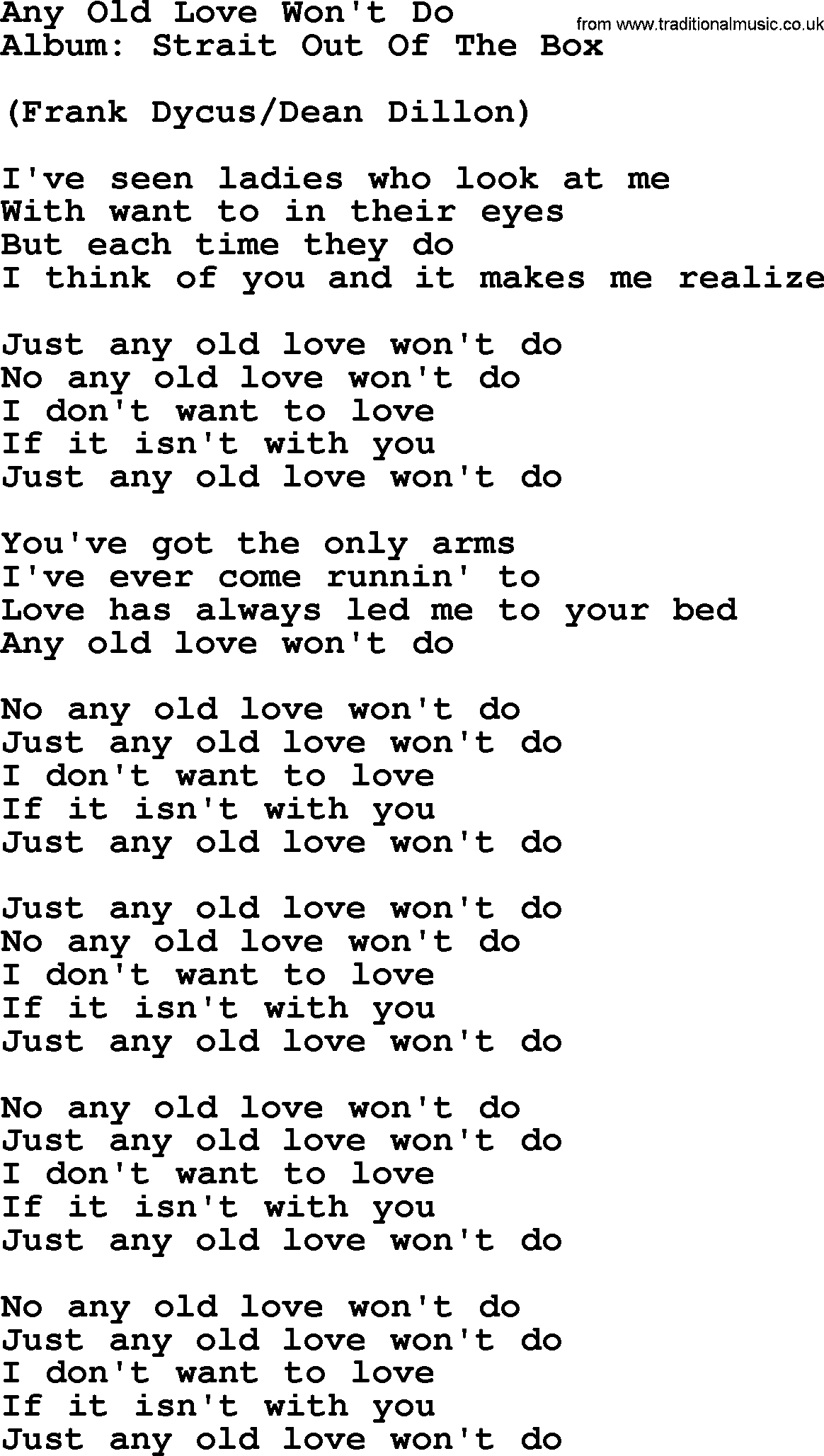 George Strait song: Any Old Love Won't Do, lyrics