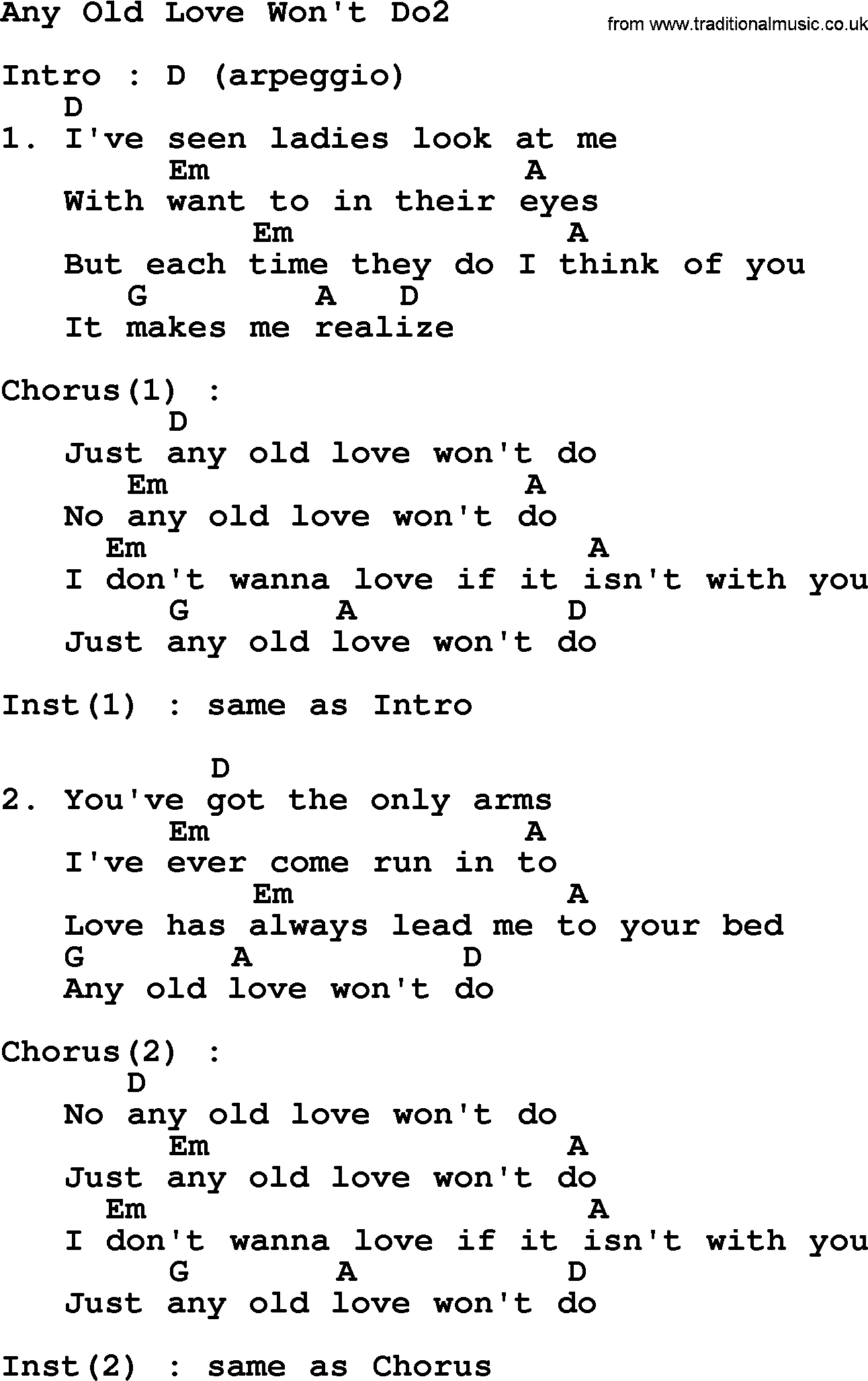 George Strait song: Any Old Love Won't Do2, lyrics and chords