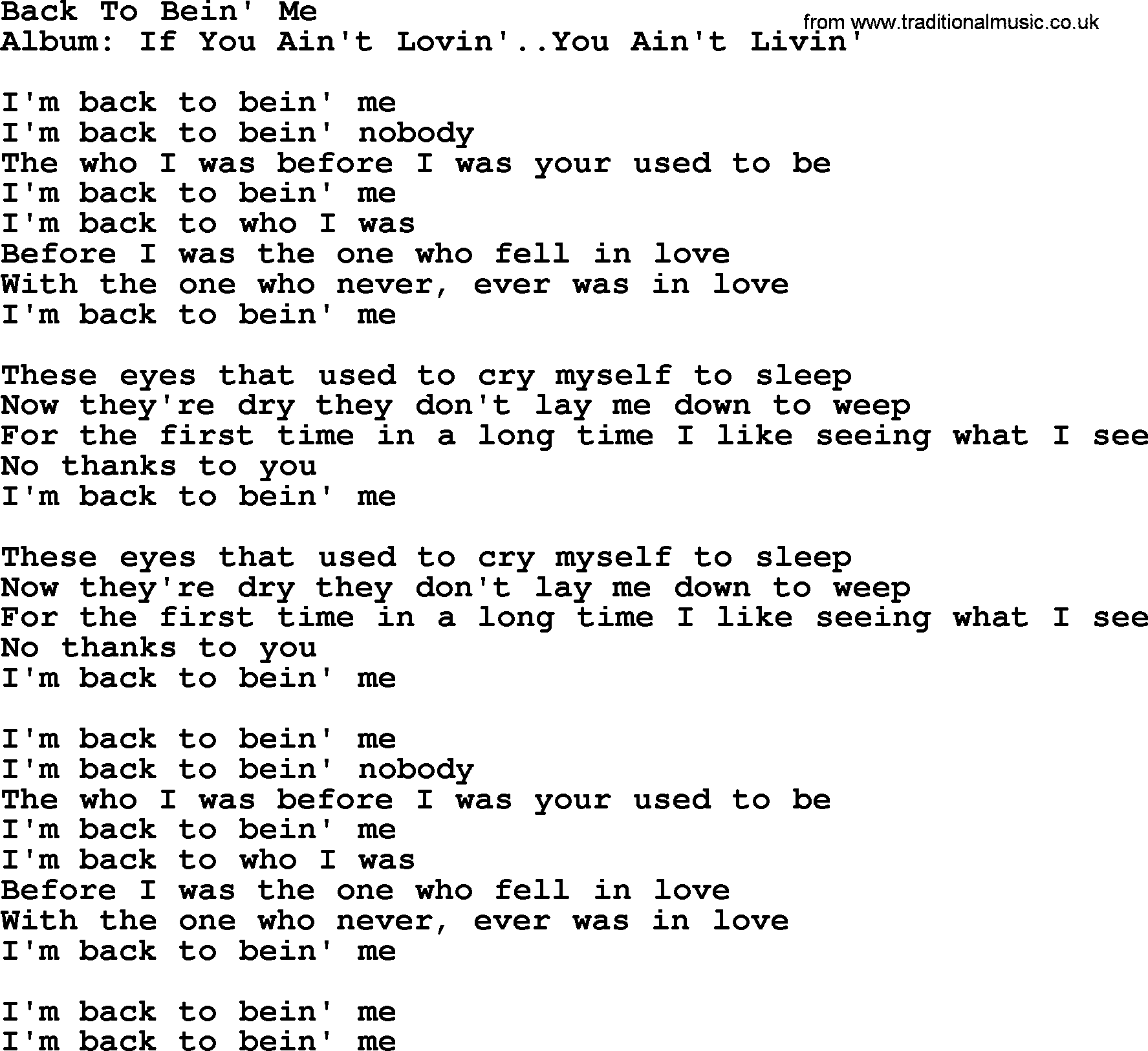 George Strait song: Back To Bein' Me, lyrics