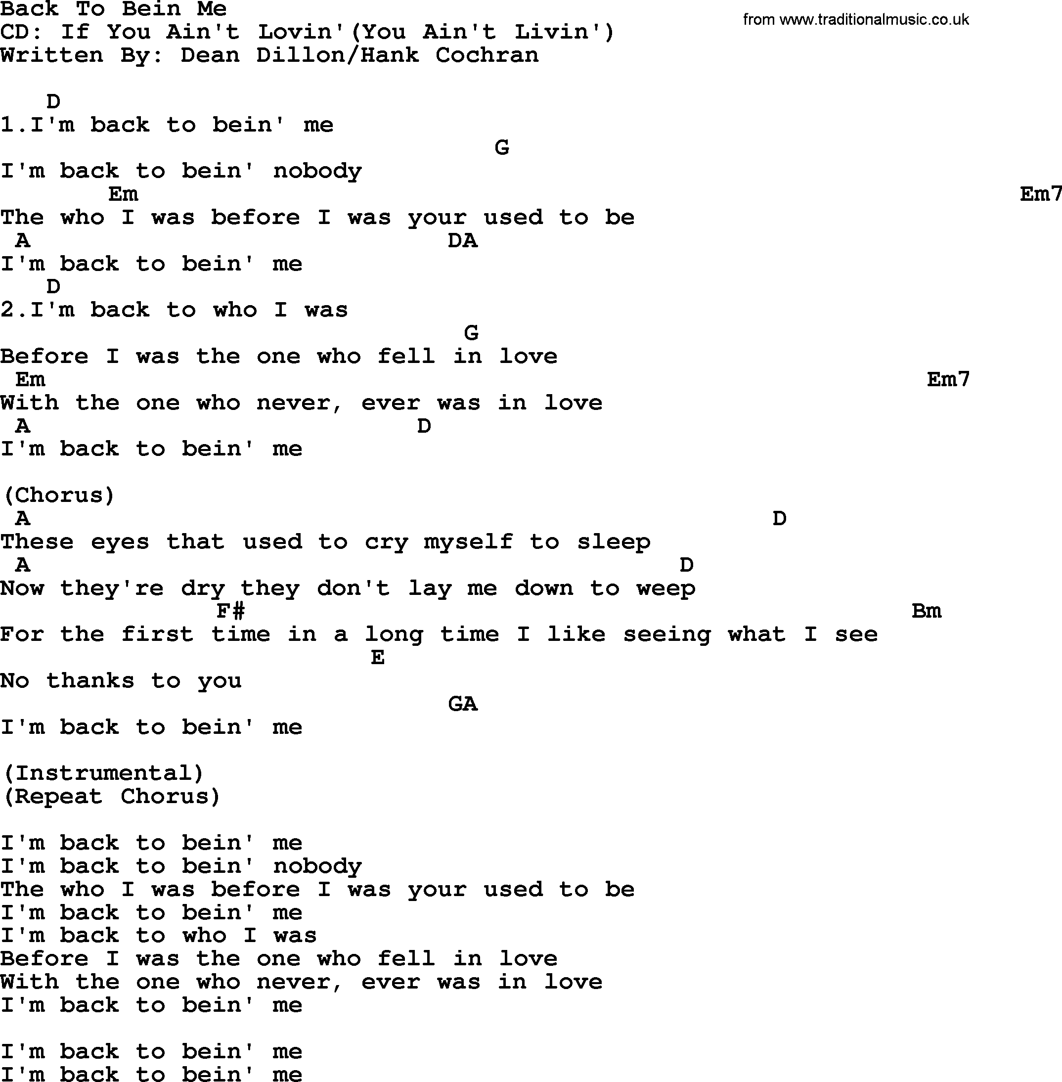 George Strait song: Back To Bein Me, lyrics and chords