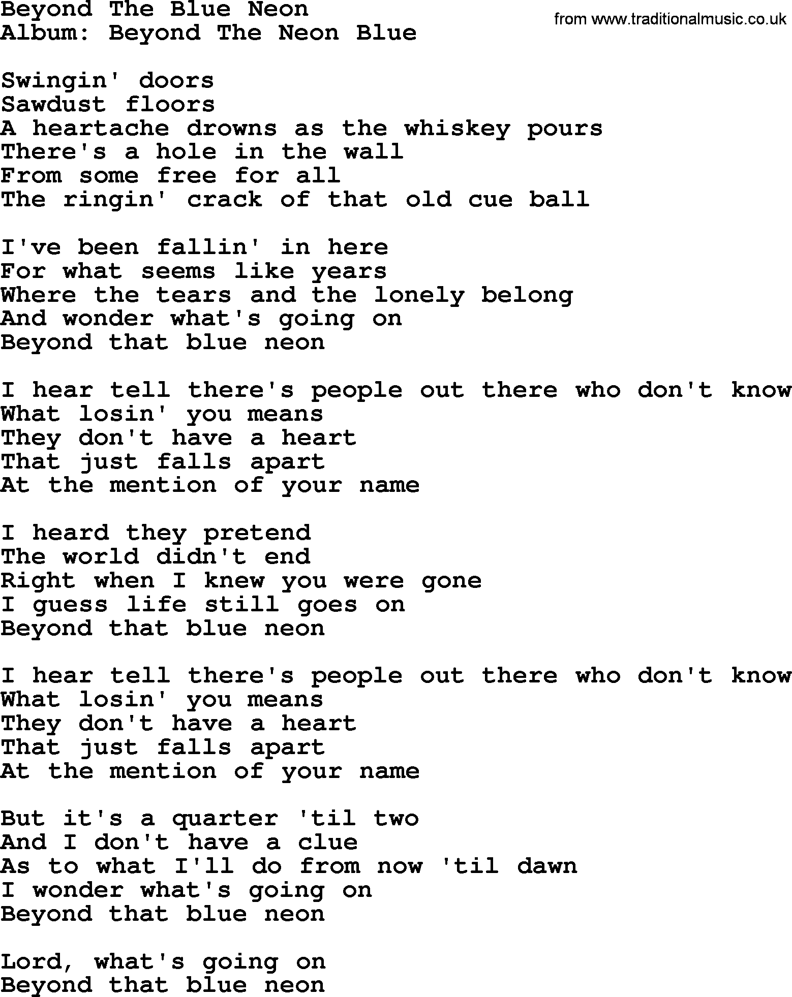 George Strait song: Beyond The Blue Neon, lyrics