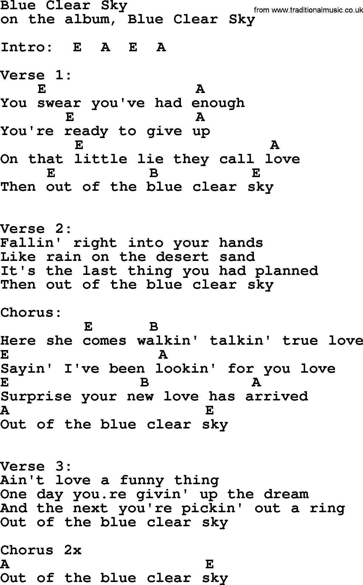 George Strait song: Blue Clear Sky, lyrics and chords