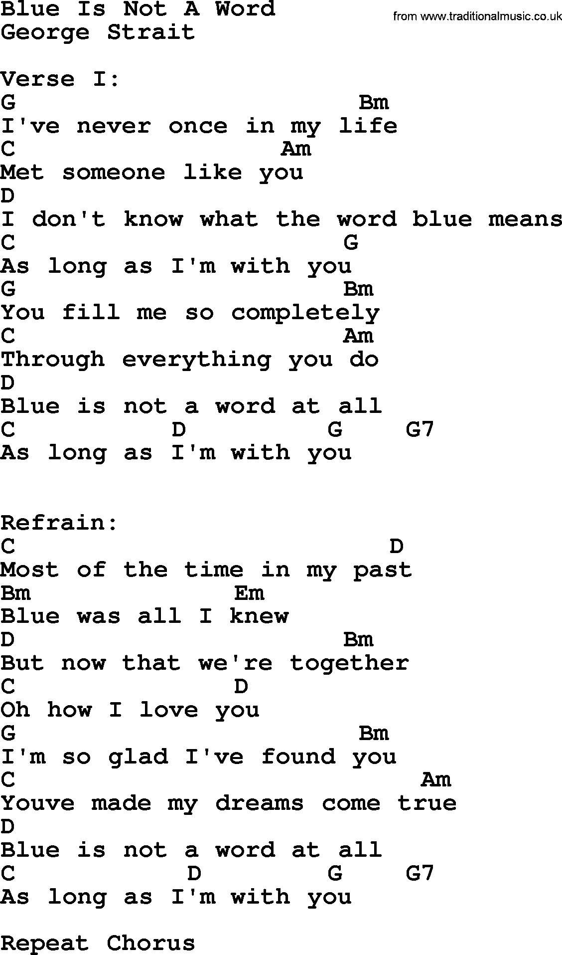 George Strait song: Blue Is Not A Word, lyrics and chords