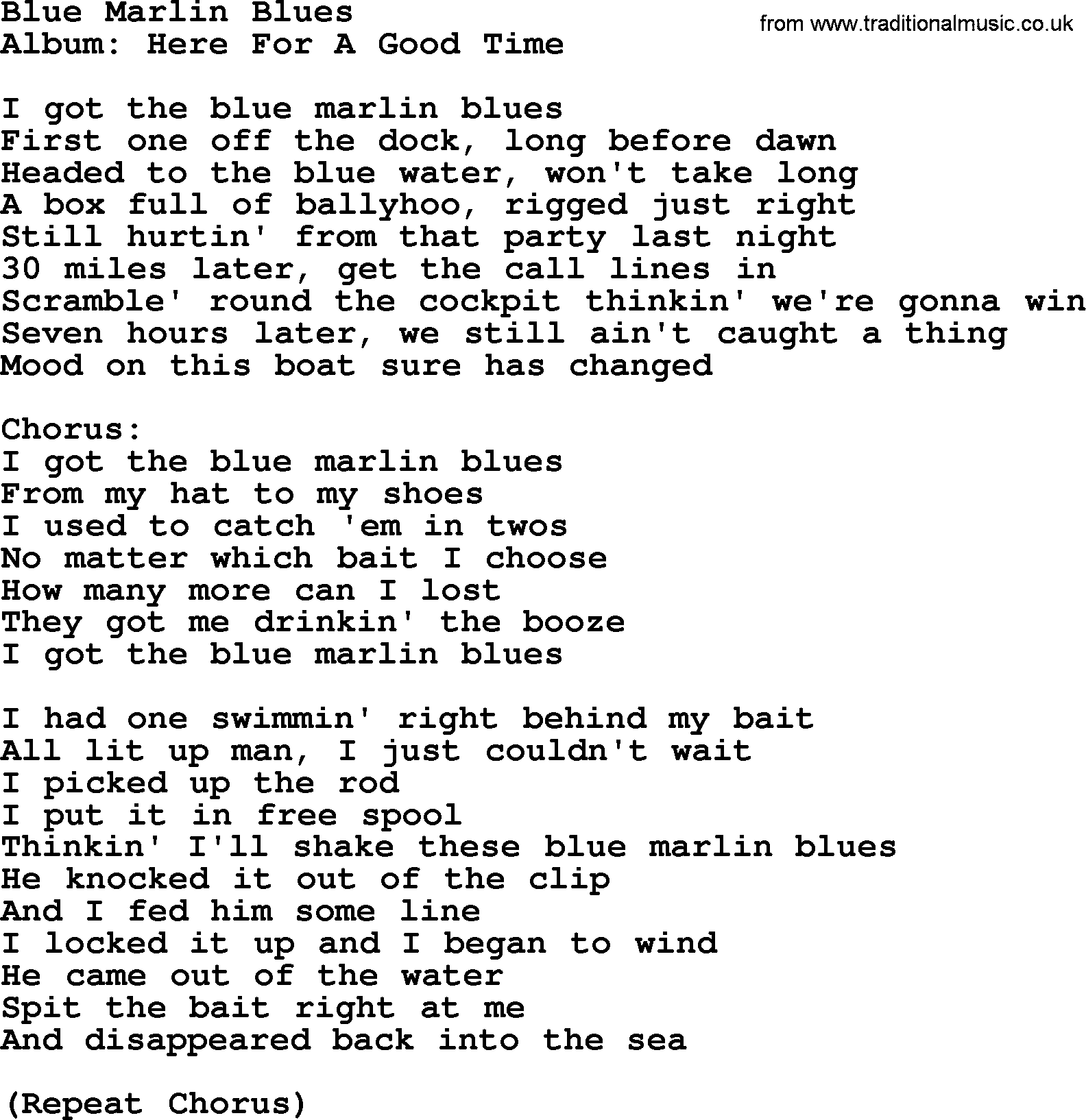 George Strait song: Blue Marlin Blues, lyrics